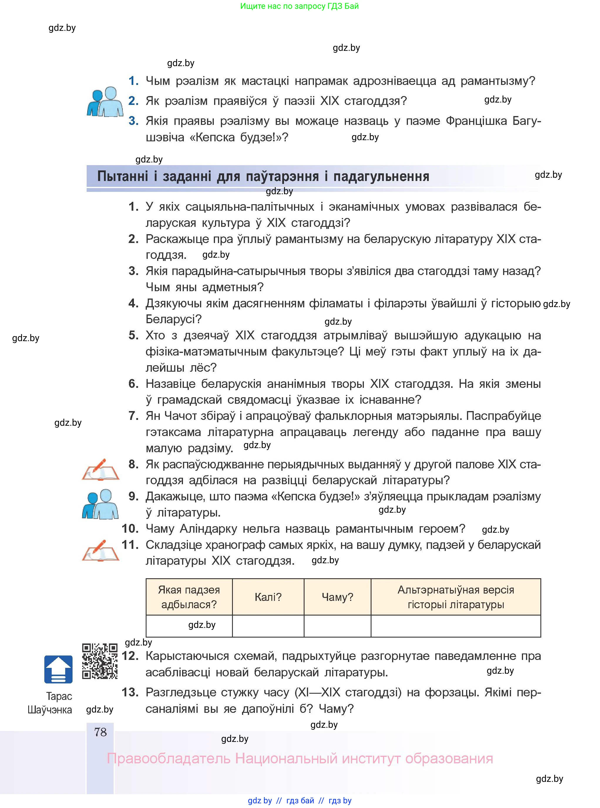 Белорусская литература (Беларуская літаратура), 10 класс Учебник, авторы: Бязлепкіна-Чарнякевіч Аксана Пятроўна, Акушэвіч Андрэй Аляксандравіч, Воюш Інга Дзмітрыеўна, Еўмянькоў В І, Заяц Н В, Караткевіч В І, Кузьміч Н В, Скакоўская А У, Часнок І Ч, издательство Нацыянальны інстытут адукацыі, Минск, 2020, зелёного цвета, страница 78