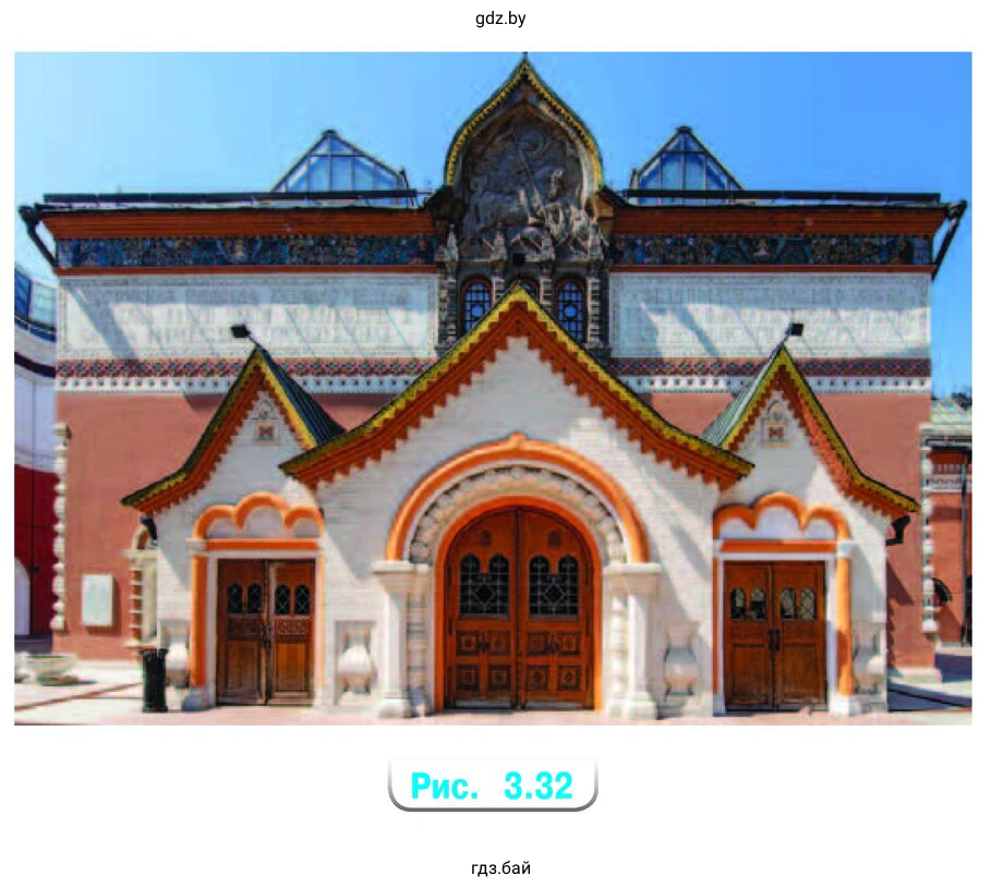 Симметричен ли на фотографии фасад здания Государственной Третьяковской галереи в Москве (рис. 3.32)? Если да, то как расположена ось симметрии фасада?