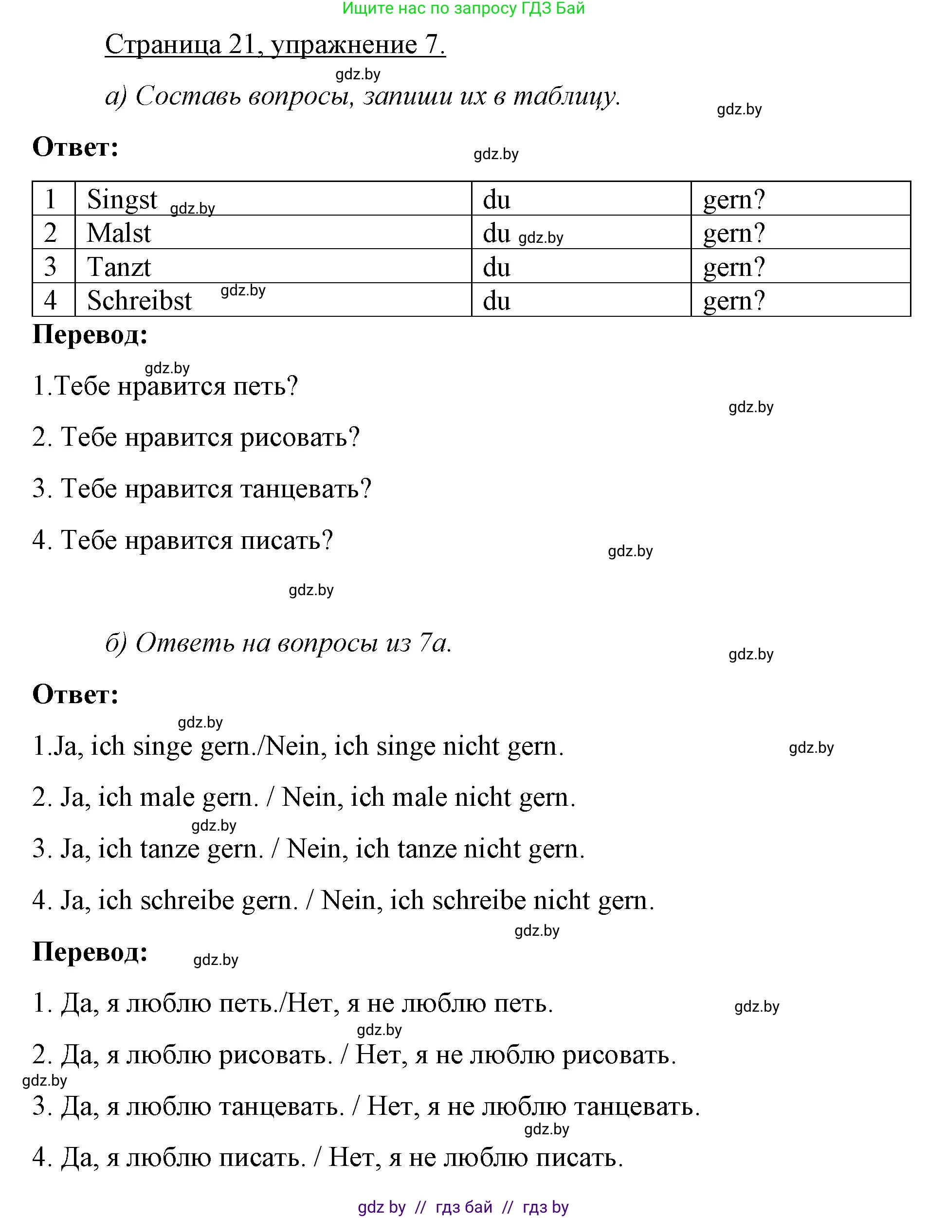 Немецкий язык (Deutsch), 3 класс рабочая тетрадь (arbeitsheft), авторы: Будько Антонина Филипповна (Budjko Antonina), Урбанович Инна Ювинальевна (Urbanowitsch Ina), издательство Аверсэв, Минск, 2018, салатового цвета, Teil 1, страница 21, номер 7, Решение