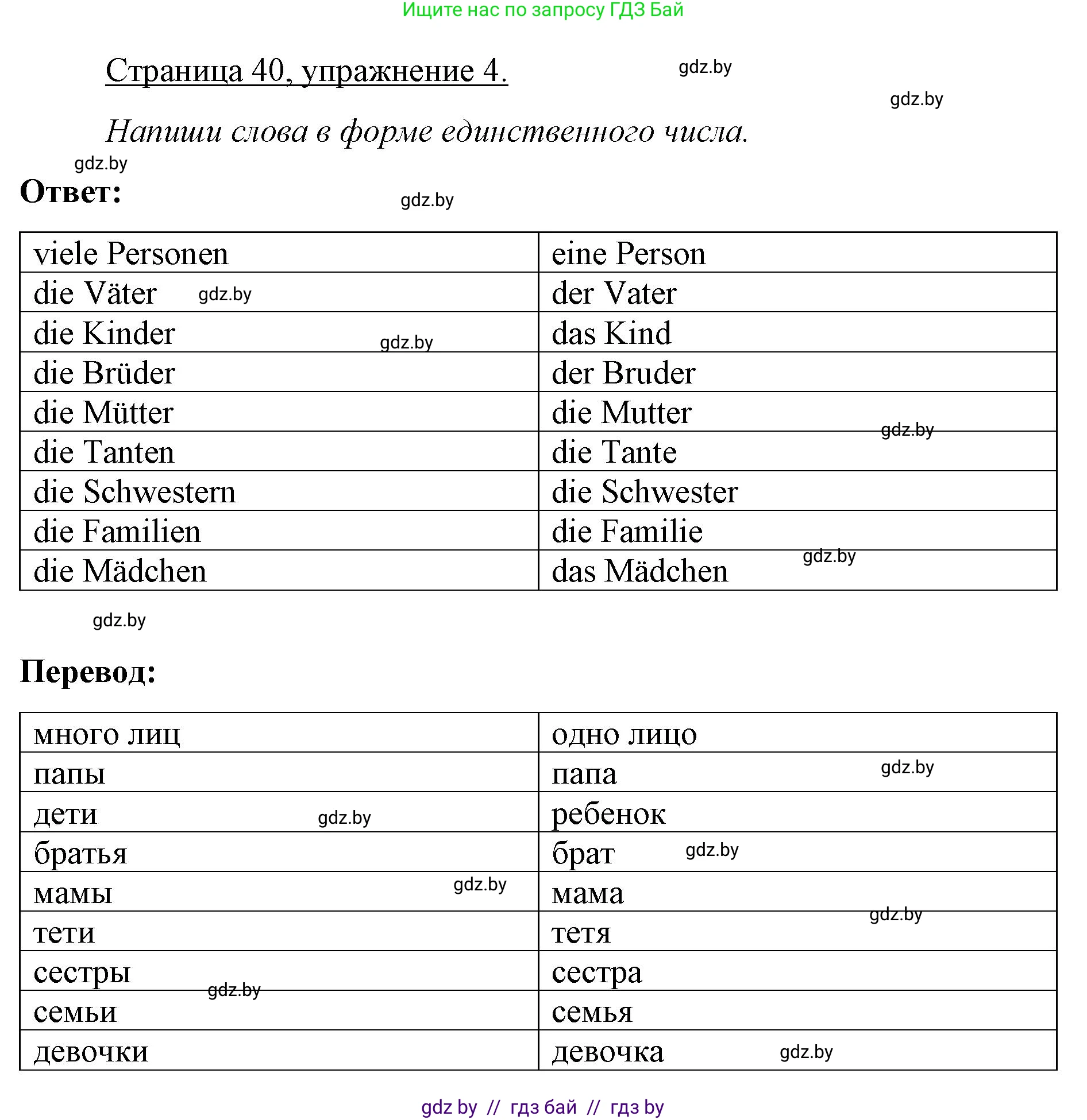 Немецкий язык (Deutsch), 3 класс рабочая тетрадь (arbeitsheft), авторы: Будько Антонина Филипповна (Budjko Antonina), Урбанович Инна Ювинальевна (Urbanowitsch Ina), издательство Аверсэв, Минск, 2018, салатового цвета, Teil 1, страница 40, номер 4, Решение