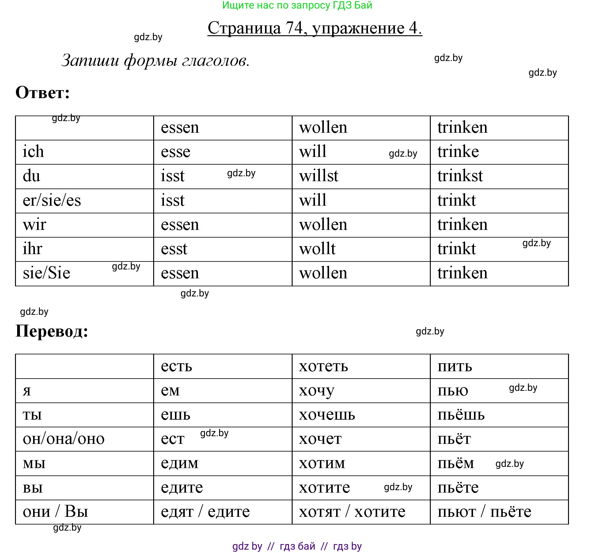 Немецкий язык (Deutsch), 3 класс рабочая тетрадь (arbeitsheft), авторы: Будько Антонина Филипповна (Budjko Antonina), Урбанович Инна Ювинальевна (Urbanowitsch Ina), издательство Аверсэв, Минск, 2018, салатового цвета, Teil 2, страница 74, номер 4, Решение
