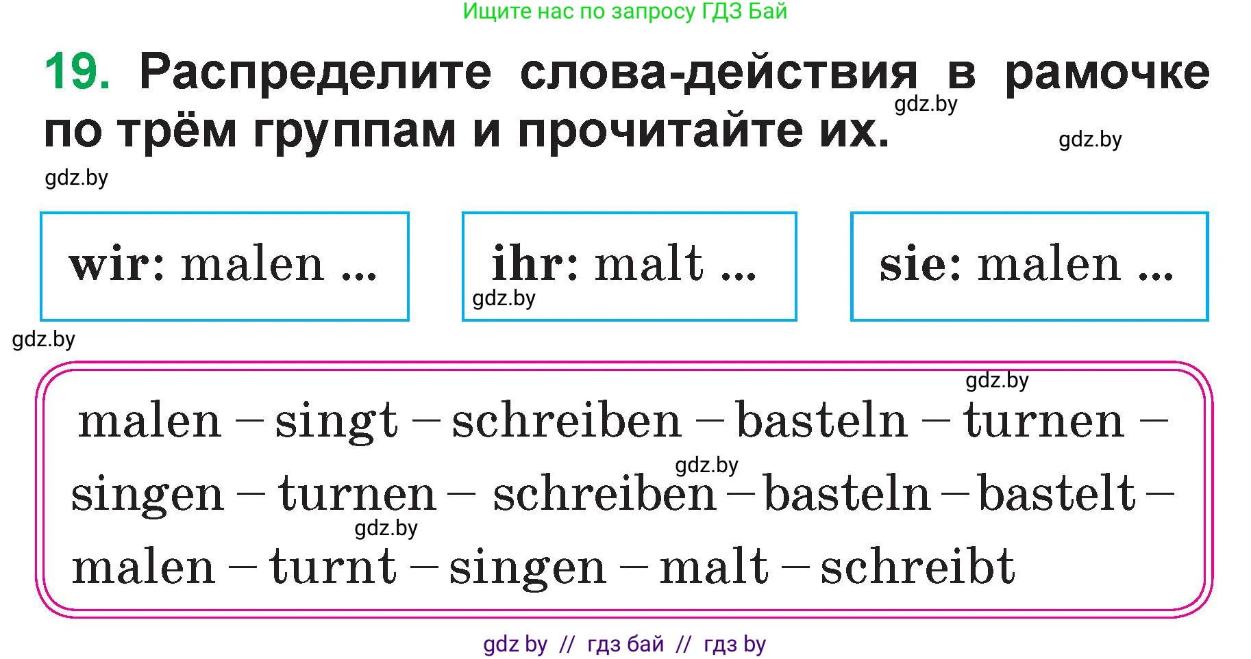 Немецкий язык (Deutsch), 3 класс Учебник (Schülerbuch), авторы: Будько Антонина Филипповна (Budjko Antonina), Урбанович Инна Ювинальевна (Urbanowitsch Ina), издательство Вышэйшая школа, Минск, 2018, бирюзового цвета, Часть 1, страница 55, номер 19, Условие