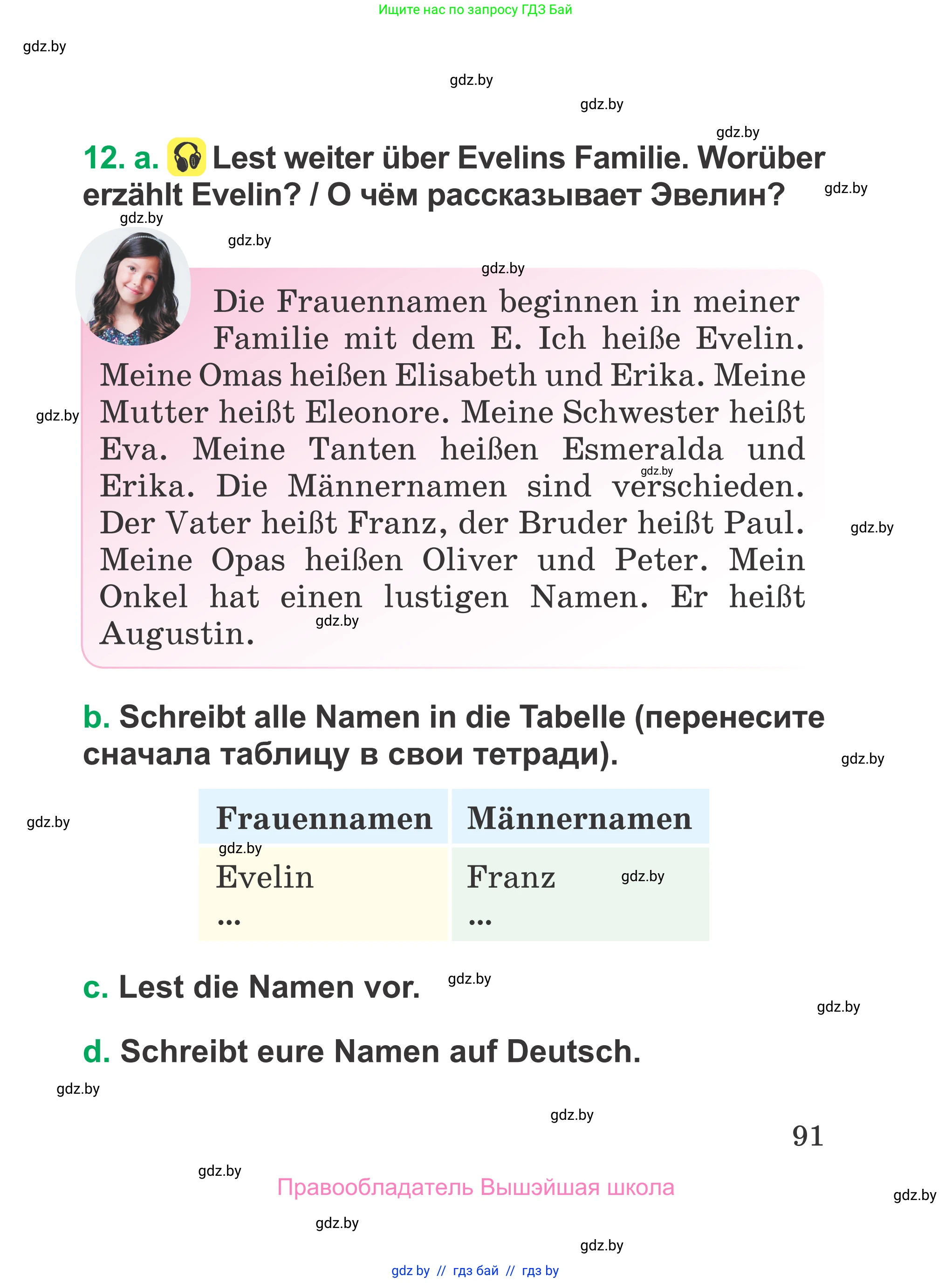 Немецкий язык (Deutsch), 3 класс Учебник (Schülerbuch), авторы: Будько Антонина Филипповна (Budjko Antonina), Урбанович Инна Ювинальевна (Urbanowitsch Ina), издательство Вышэйшая школа, Минск, 2018, бирюзового цвета, Часть 1, страница 91