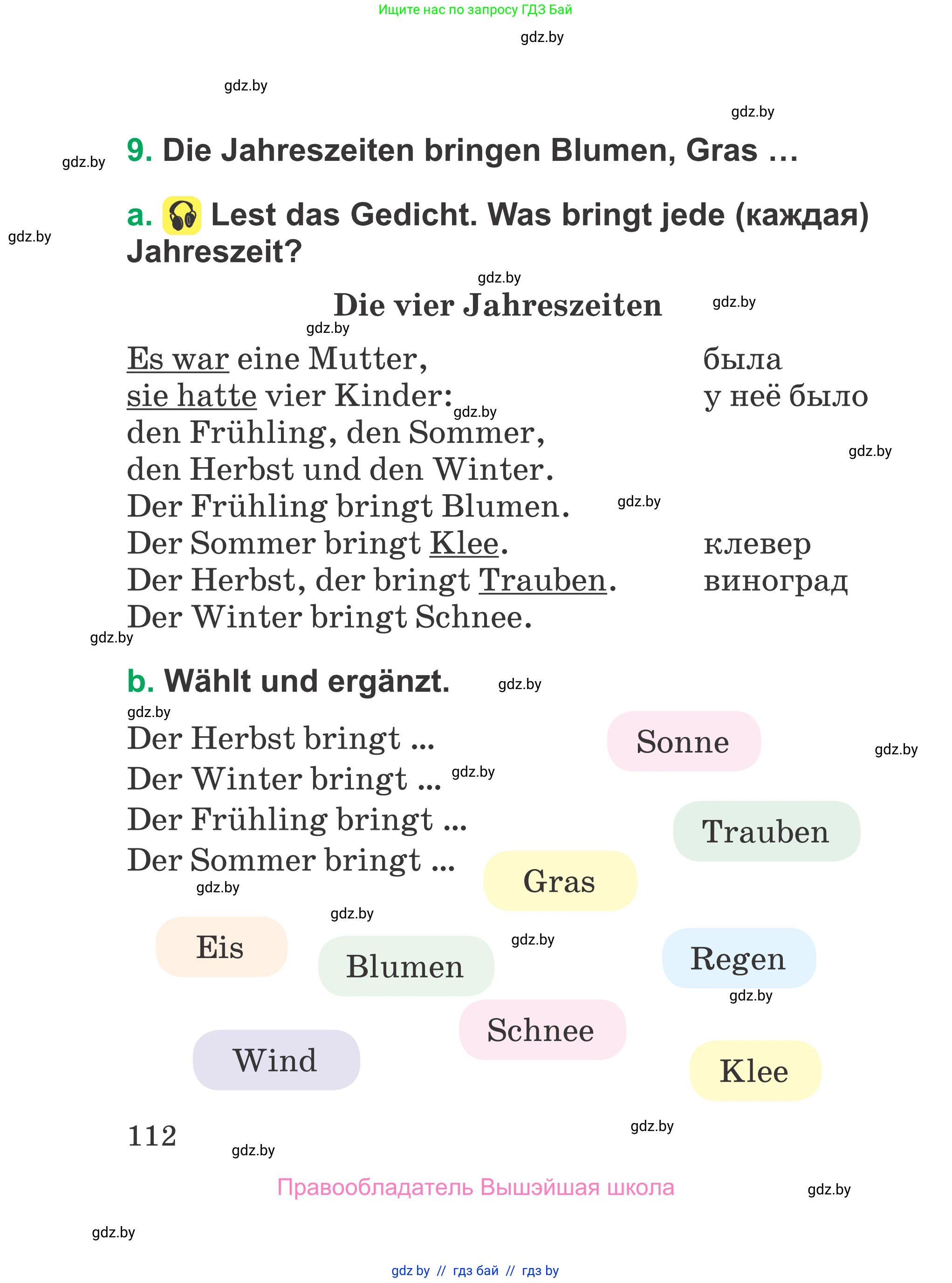 Немецкий язык (Deutsch), 3 класс Учебник (Schülerbuch), авторы: Будько Антонина Филипповна (Budjko Antonina), Урбанович Инна Ювинальевна (Urbanowitsch Ina), издательство Вышэйшая школа, Минск, 2018, бирюзового цвета, Часть 2, страница 112