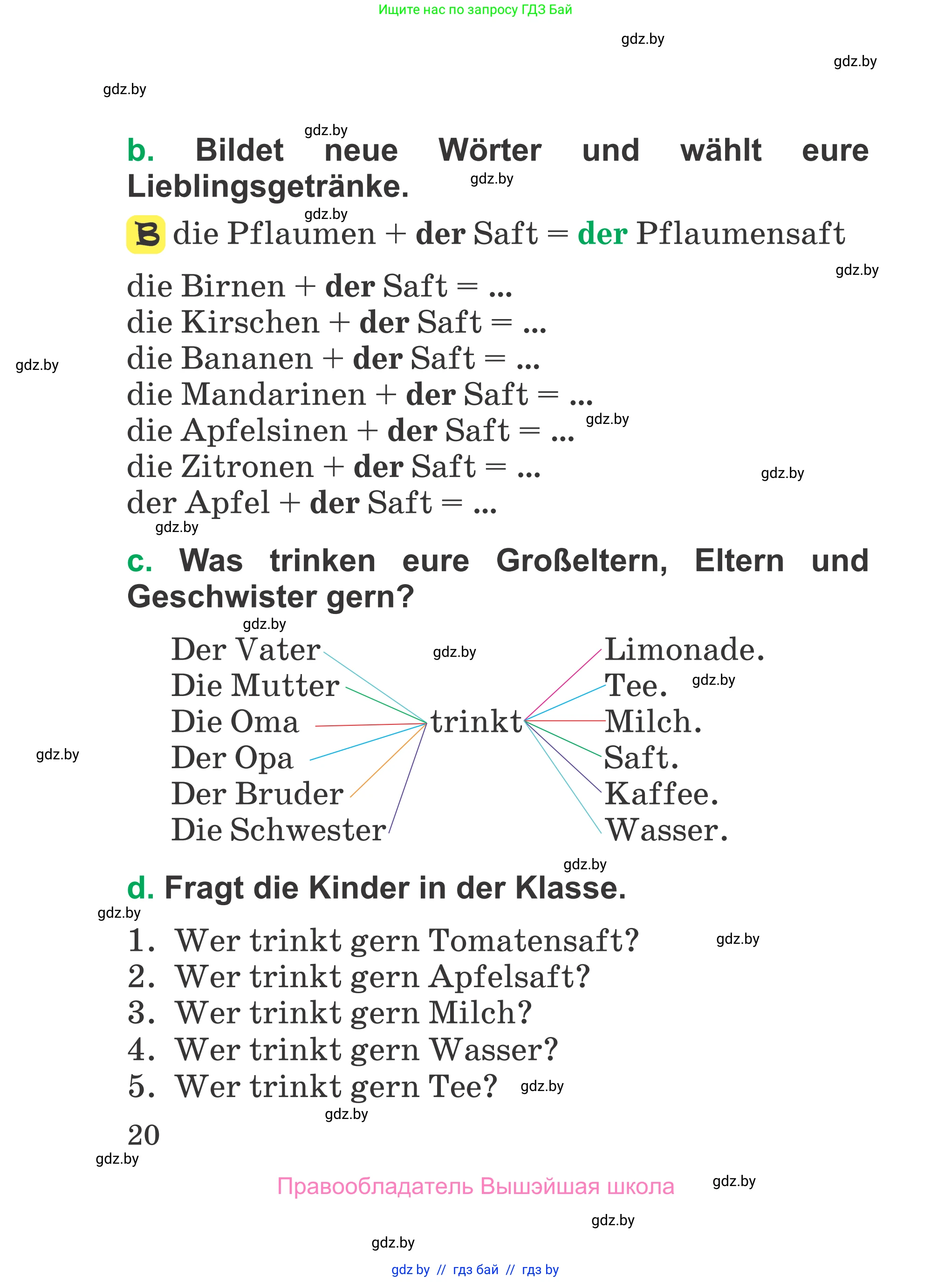 Немецкий язык (Deutsch), 3 класс Учебник (Schülerbuch), авторы: Будько Антонина Филипповна (Budjko Antonina), Урбанович Инна Ювинальевна (Urbanowitsch Ina), издательство Вышэйшая школа, Минск, 2018, бирюзового цвета, страница 20