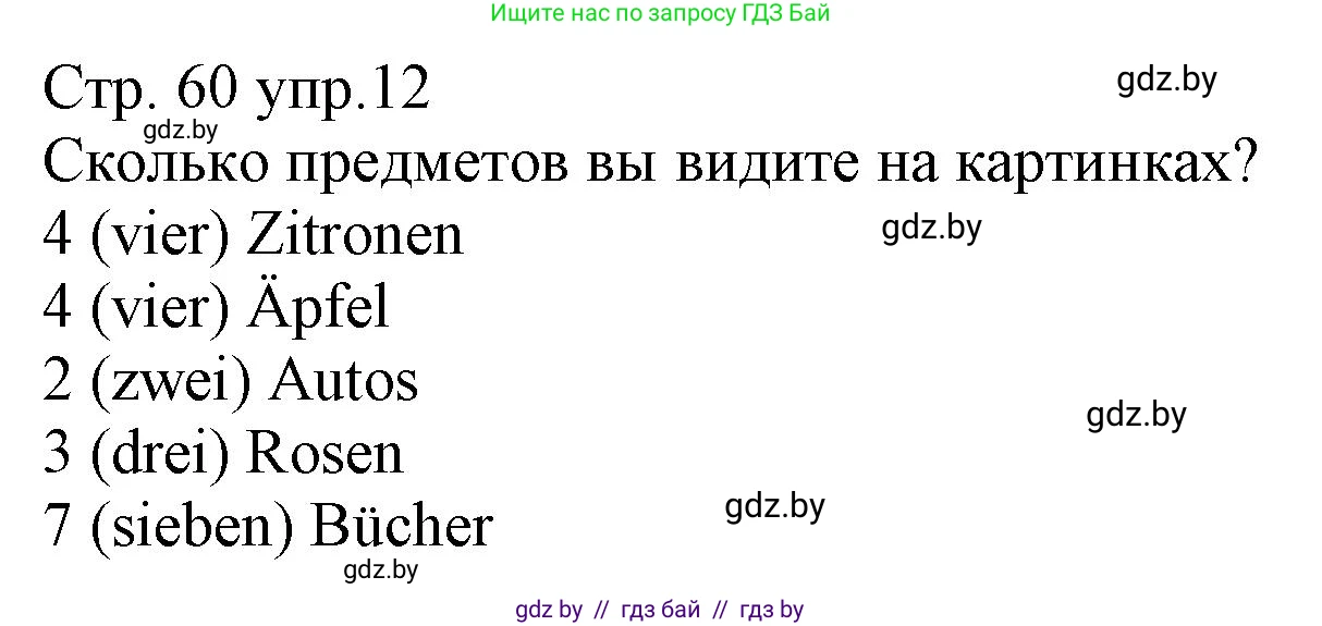 Немецкий язык (Deutsch), 3 класс Учебник (Schülerbuch), авторы: Будько Антонина Филипповна (Budjko Antonina), Урбанович Инна Ювинальевна (Urbanowitsch Ina), издательство Вышэйшая школа, Минск, 2018, бирюзового цвета, Часть 1, страница 60, номер 12, Решение
