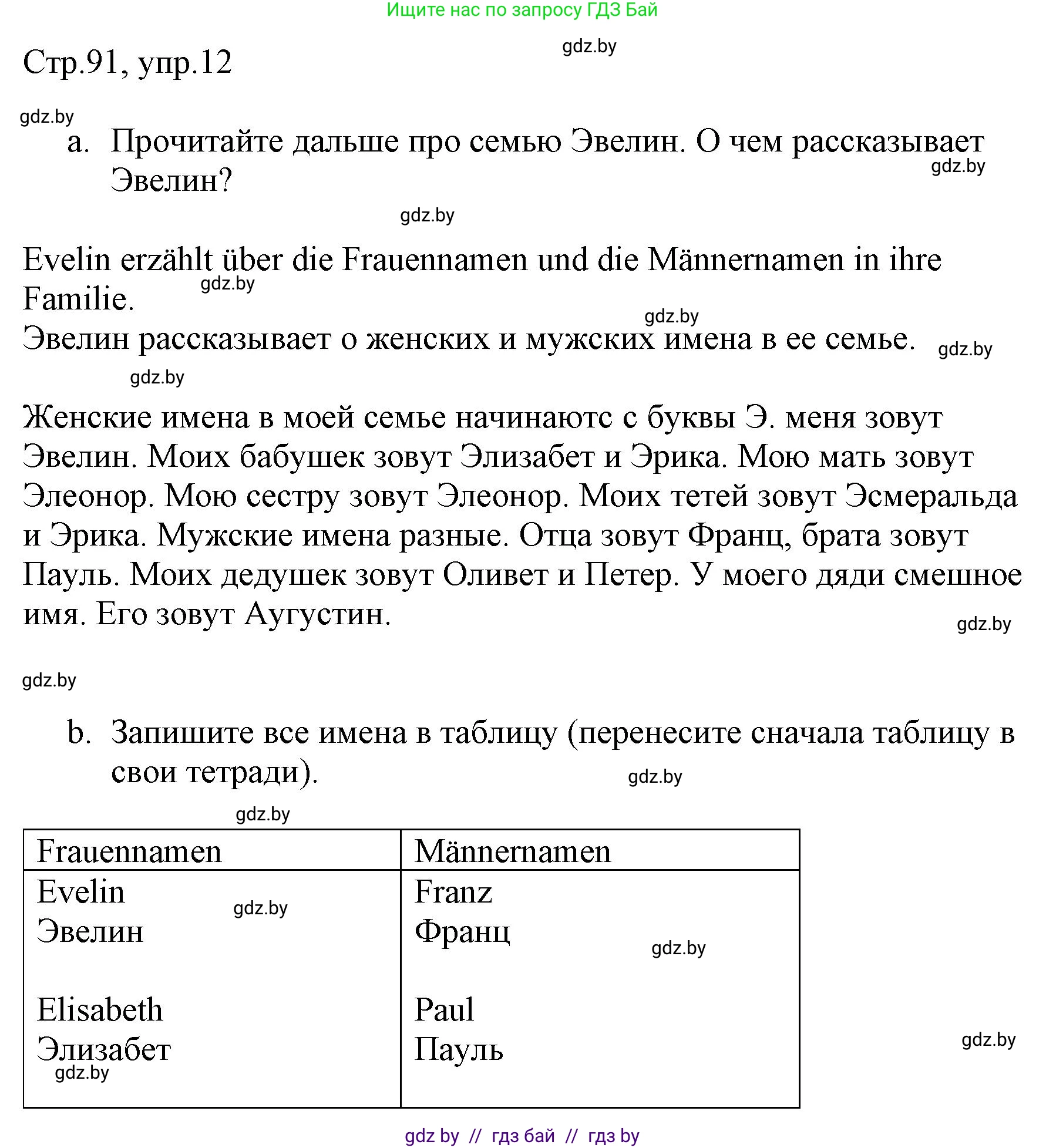 Немецкий язык (Deutsch), 3 класс Учебник (Schülerbuch), авторы: Будько Антонина Филипповна (Budjko Antonina), Урбанович Инна Ювинальевна (Urbanowitsch Ina), издательство Вышэйшая школа, Минск, 2018, бирюзового цвета, Часть 1, страница 91, номер 12, Решение