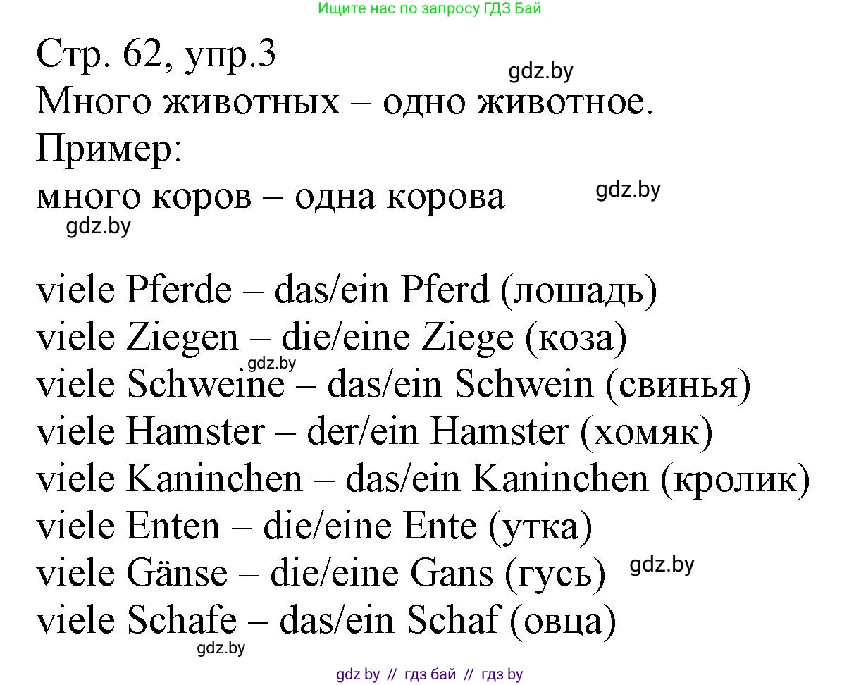 Немецкий язык (Deutsch), 3 класс Учебник (Schülerbuch), авторы: Будько Антонина Филипповна (Budjko Antonina), Урбанович Инна Ювинальевна (Urbanowitsch Ina), издательство Вышэйшая школа, Минск, 2018, бирюзового цвета, Часть 2, страница 62, номер 3, Решение