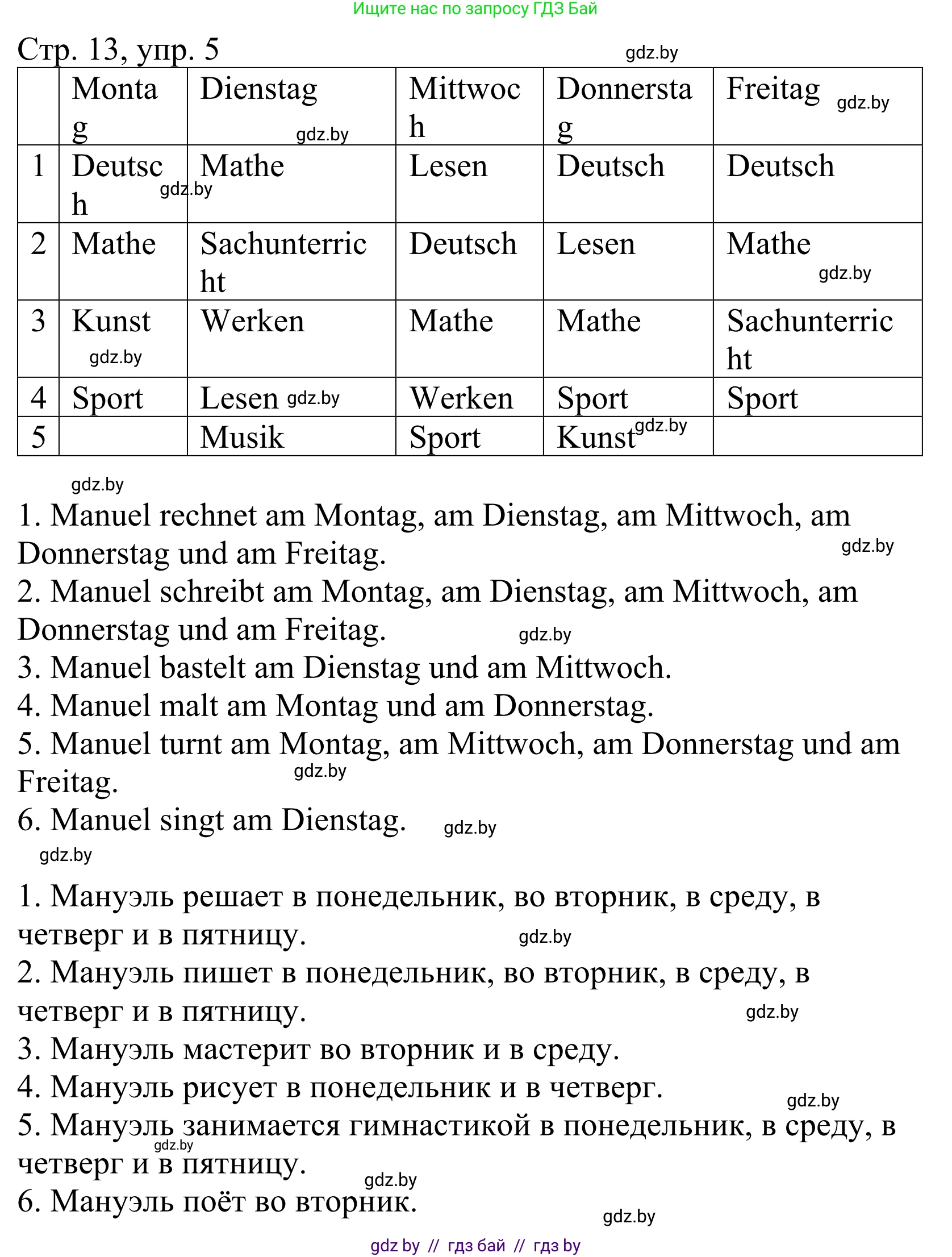 Немецкий язык (Deutsch), 4 класс рабочая тетрадь (arbeitsheft), авторы: Будько Антонина Филипповна (Budjko Antonina), Урбанович Инна Ювинальевна (Urbanowitsch Ina), издательство Аверсэв, Минск, 2019, бирюзового цвета, Teil 1, страница 13, номер 5, Решение