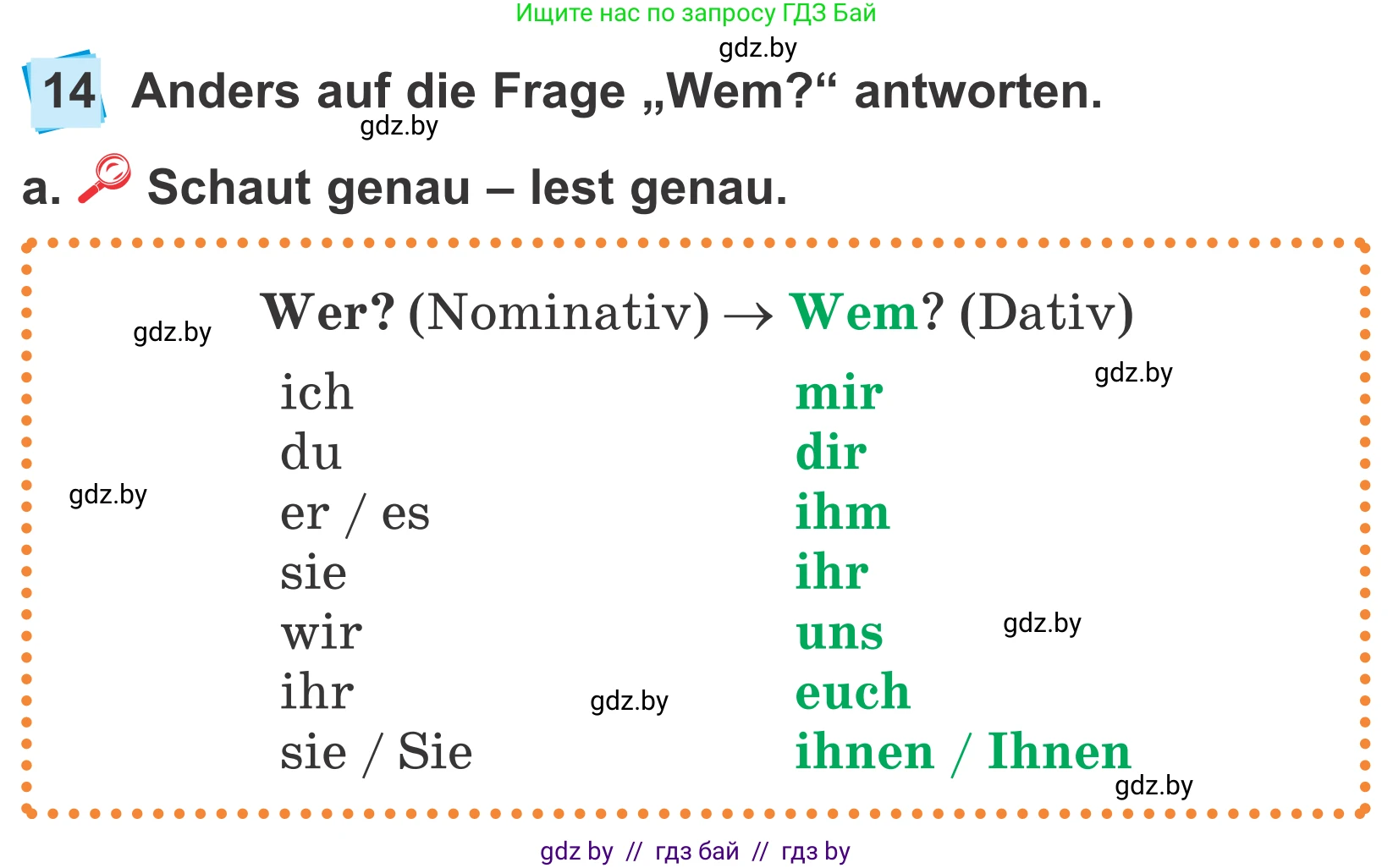 Немецкий язык (Deutsch), 4 класс Учебник (Schülerbuch), авторы: Будько Антонина Филипповна (Budjko Antonina), Урбанович Инна Ювинальевна (Urbanowitsch Ina), издательство Вышэйшая школа, Минск, 2019, жёлтого цвета, Часть 1, страница 89, номер 14a, Условие