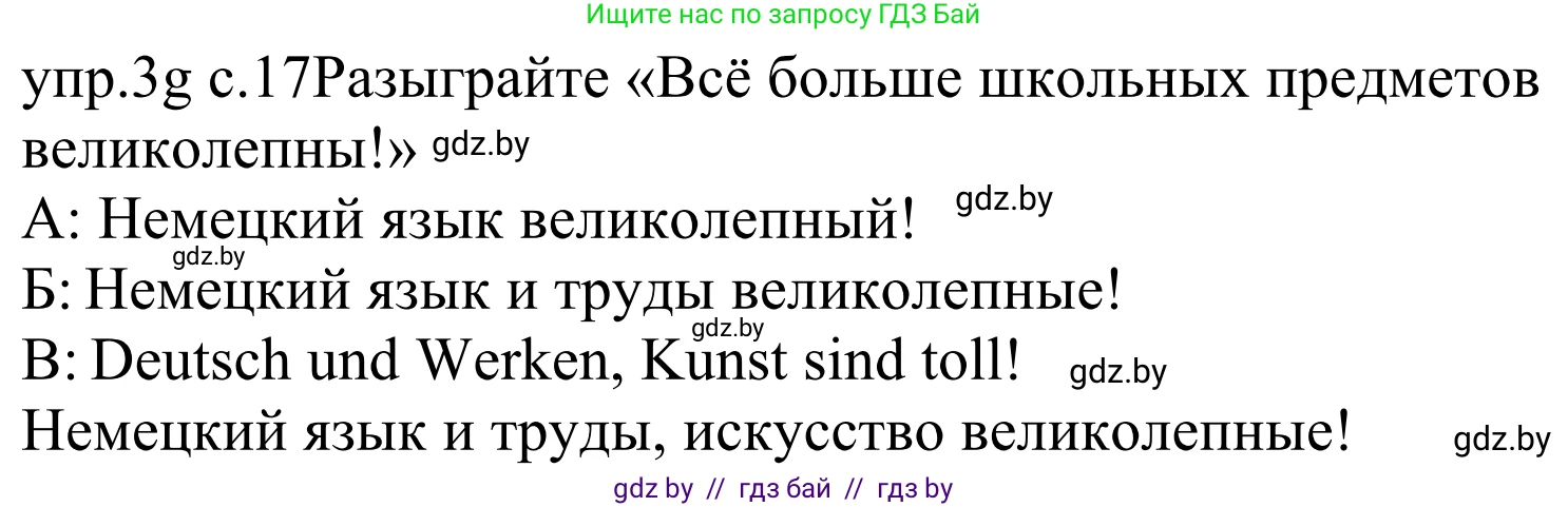 Немецкий язык (Deutsch), 4 класс Учебник (Schülerbuch), авторы: Будько Антонина Филипповна (Budjko Antonina), Урбанович Инна Ювинальевна (Urbanowitsch Ina), издательство Вышэйшая школа, Минск, 2019, жёлтого цвета, Часть 1, страница 17, номер 3g, Решение