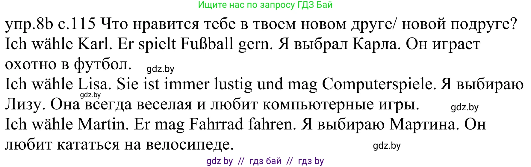 Немецкий язык (Deutsch), 4 класс Учебник (Schülerbuch), авторы: Будько Антонина Филипповна (Budjko Antonina), Урбанович Инна Ювинальевна (Urbanowitsch Ina), издательство Вышэйшая школа, Минск, 2019, жёлтого цвета, Часть 1, страница 115, номер 8b, Решение