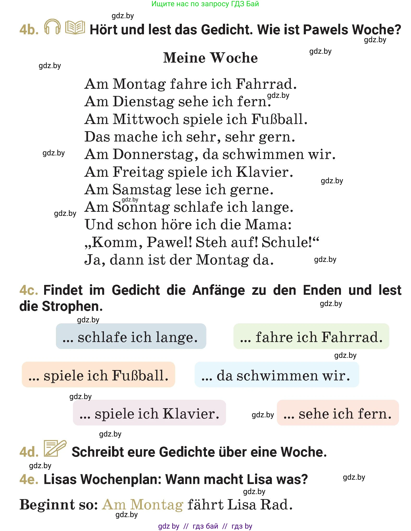 Немецкий язык (Deutsch), 4 класс Учебник (Schülerbuch), авторы: Будько Антонина Филипповна (Budjko Antonina), Кохановская Анна Леонидовна, издательство Адукацыя i выхаванне, Минск, 2026, голубого цвета, страница 45, номер 4, Условие (продолжение 2)