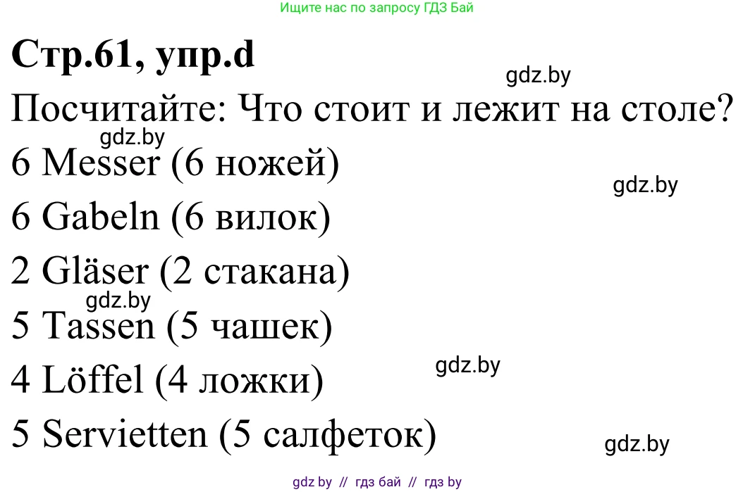 Немецкий язык (Deutsch), 5 класс Учебник (Schülerbuch), авторы: Будько Антонина Филипповна (Budjko Antonina), Урбанович Инна Ювинальевна (Urbanowitsch Ina), издательство Вышэйшая школа, Минск, 2020, жёлтого цвета, Часть 1, страница 61, номер 1d, Решение 2