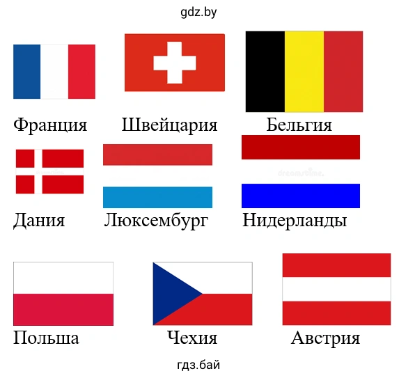 Упр. 1, стр. 118. Раскрась флаги соседей Германии.