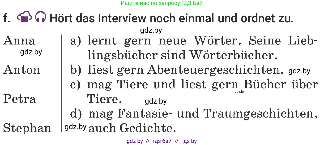 Немецкий язык (Deutsch), 6 класс Учебник (Schülerbuch), авторы: Будько Антонина Филипповна (Budjko Antonina), Урбанович Инна Ювинальевна (Urbanowitsch Ina), издательство Вышэйшая школа, Минск, 2020, бежевого цвета, страница 50, номер f, Условие