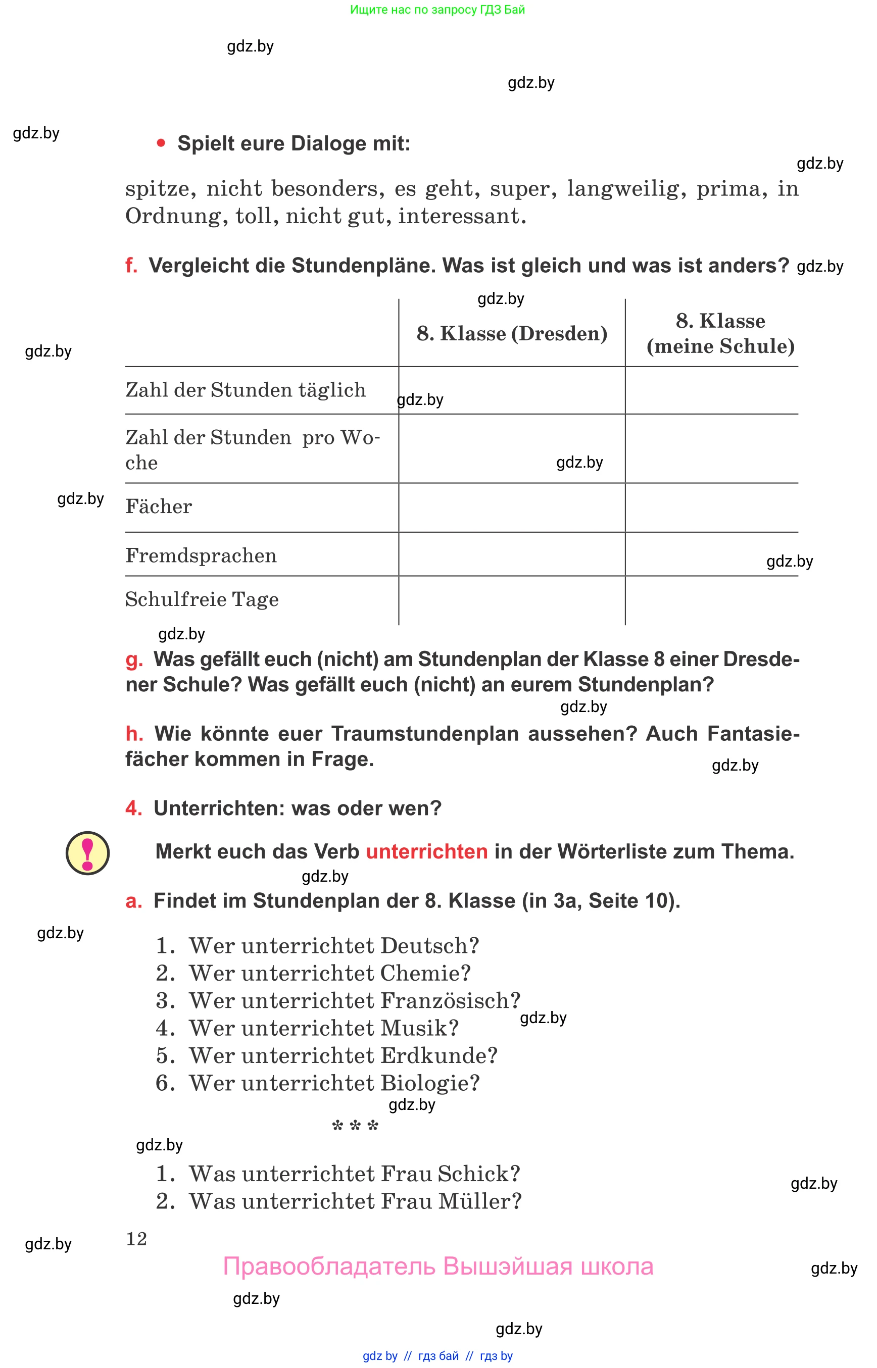 Немецкий язык (Deutsch), 8 класс Учебник (Schülerbuch), авторы: Будько Антонина Филипповна (Budjko Antonina), Урбанович Инна Ювинальевна (Urbanowitsch Ina), издательство Вышэйшая школа, Минск, 2018, страница 12