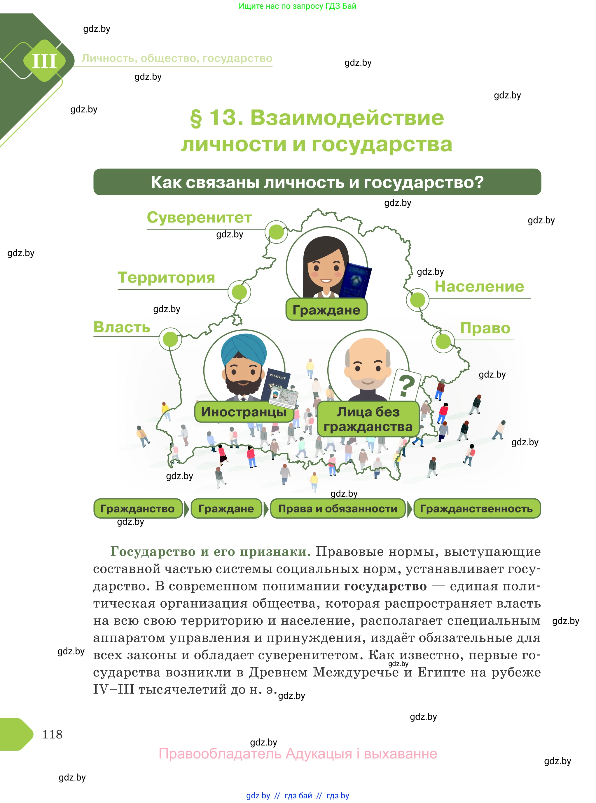 Обществоведение, 9 класс Учебник, авторы: Данилов Александр Николаевич, Полейко Елена Александровна, Кушнер Надежда Васильевна, Бернат Ирина Петровна, Белов А А, Кизима С А, Клецкова И М, Легчилин А А, Солодухо А С, Рубанов А В, издательство Адукацыя i выхаванне, Минск, 2019, жёлтого цвета, страница 118