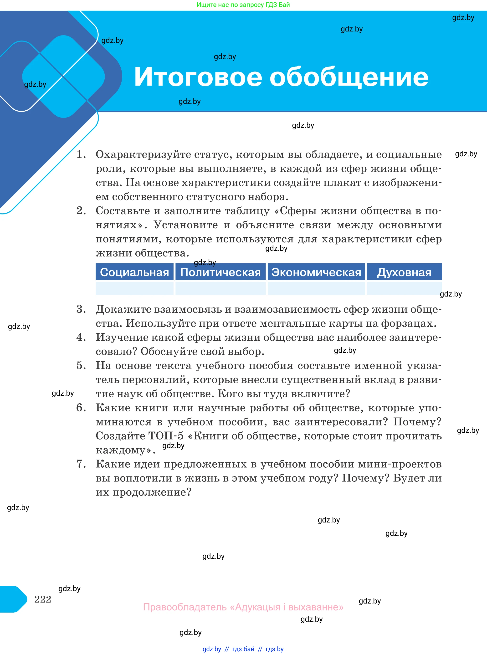 Обществоведение, 10 класс Учебник, авторы: Данилов Александр Николаевич, Полейко Елена Александровна, Кушнер Надежда Васильевна, Бернат Ирина Петровна, Безнюк Д К, Белов А А, Гречнева Е Ф, Кобяк О В, Мармашова С П, Можейко М А, Старовойтова Л В, Черченко Н В, издательство Адукацыя i выхаванне, Минск, 2020, страница 222