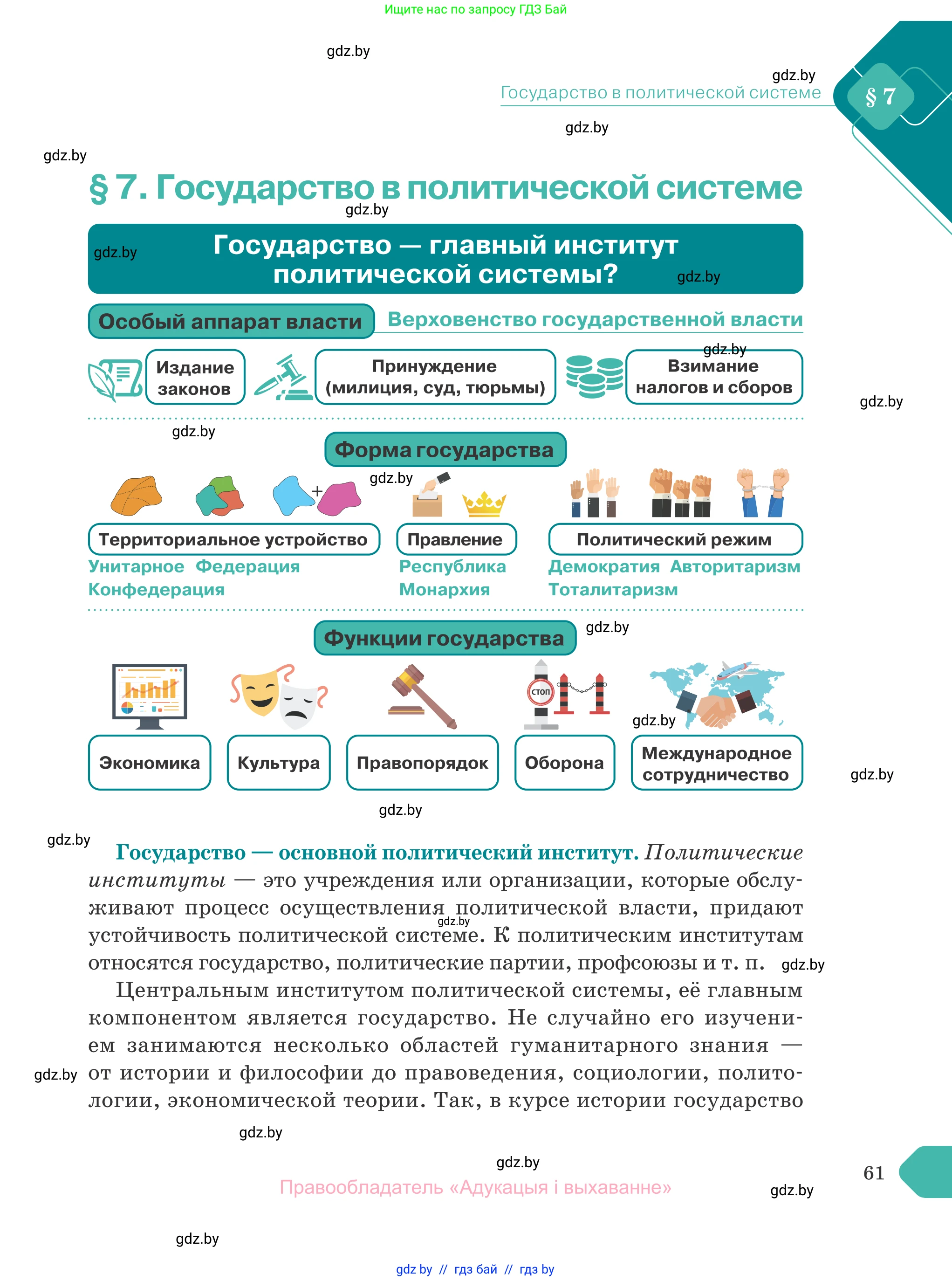 Обществоведение, 10 класс Учебник, авторы: Данилов Александр Николаевич, Полейко Елена Александровна, Кушнер Надежда Васильевна, Бернат Ирина Петровна, Безнюк Д К, Белов А А, Гречнева Е Ф, Кобяк О В, Мармашова С П, Можейко М А, Старовойтова Л В, Черченко Н В, издательство Адукацыя i выхаванне, Минск, 2020, страница 61