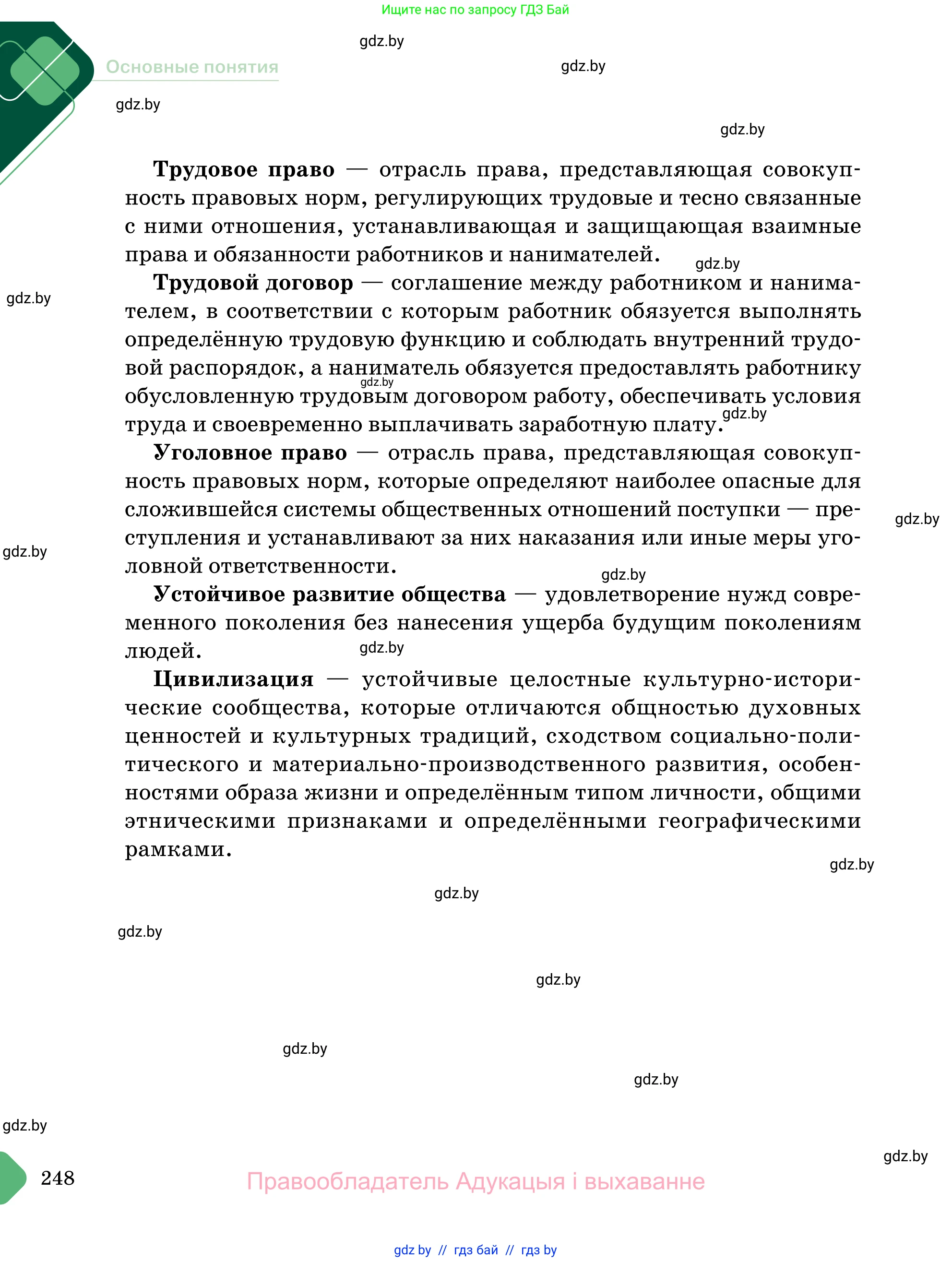 Обществоведение, 11 класс Учебник, авторы: Чуприс Ольга Ивановна, Балашенко Сергей Александрович, Денисюк Нина Павловна, Калинин С А, Киселёва Т М, Короткевич М П, Михалёва Т Н, Петоченко Т М, Побережная О Е, Подкопаев В В, Салей Е А, Шидловский А В, издательство Адукацыя i выхаванне, Минск, 2021, салатового цвета, страница 248