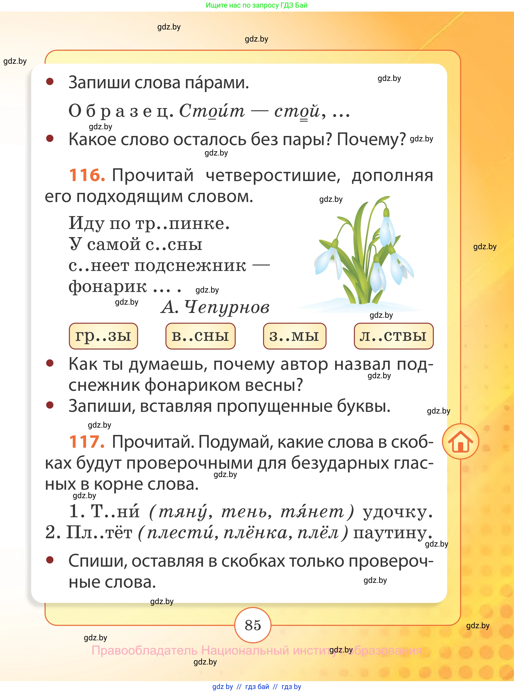 Русский язык, 2 класс Учебник, авторы: Гулецкая Елена Алексеевна, Федорович Галина Михайловна, издательство Национальный институт образования, Минск, 2022, коричневого цвета, Часть 2, страница 85