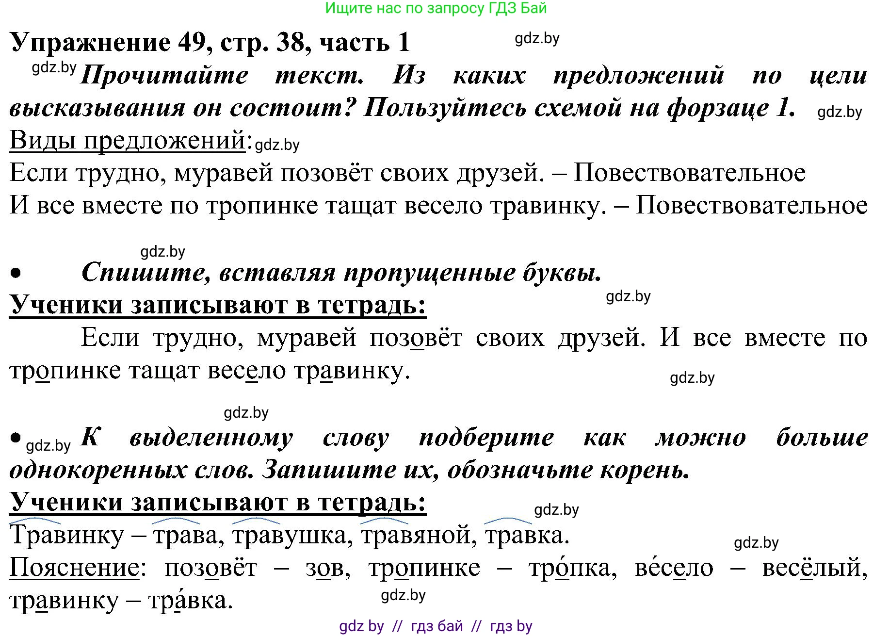 Русский язык, 3 класс Учебник, авторы: Антипова Маргарита Борисовна, Верниковская Алла Викторовна, Грабчикова Елена Самарьевна, издательство Национальный институт образования, Минск, 2023, Часть 1, страница 38, номер 49, Решение
