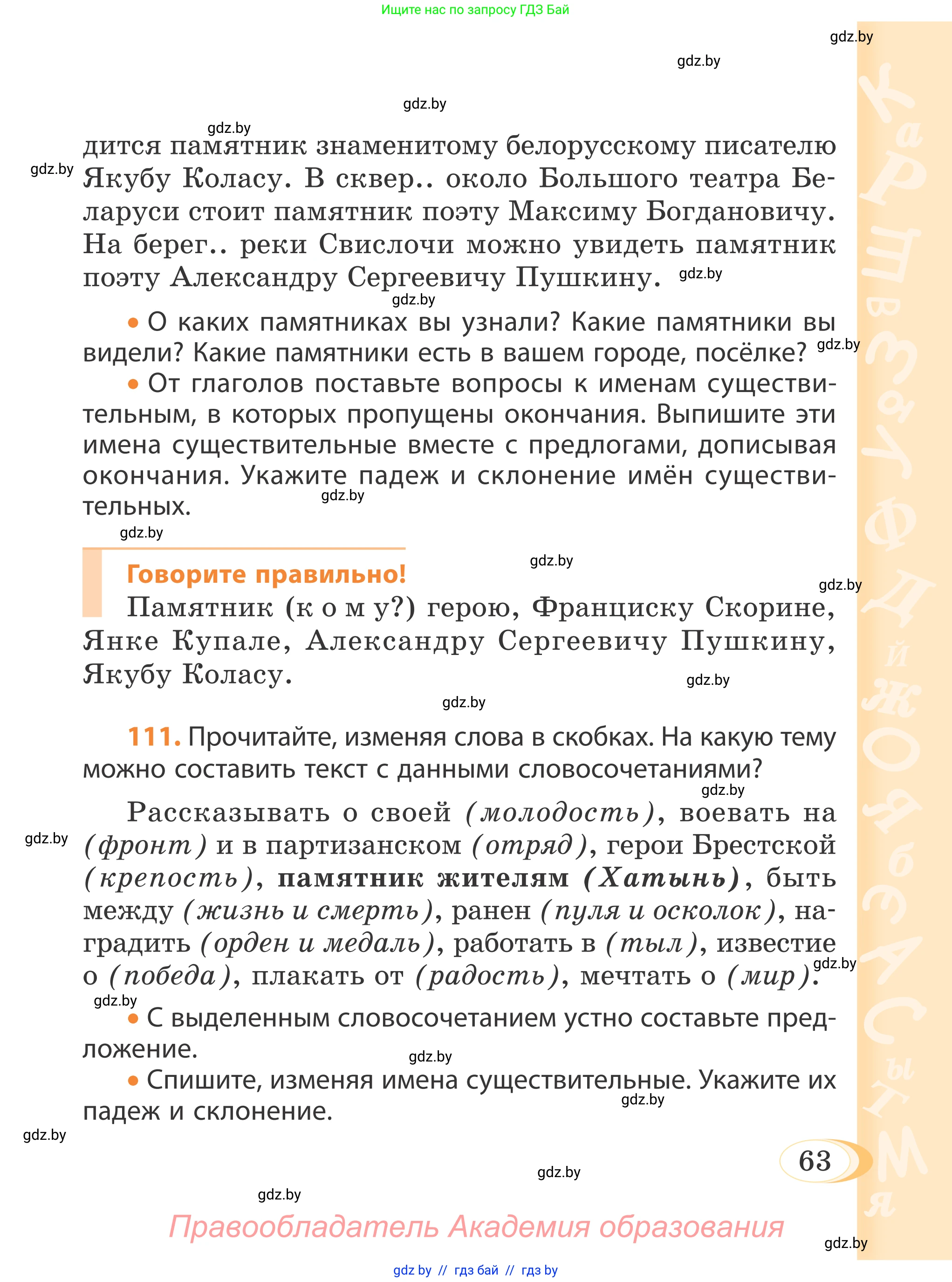 Русский язык, 4 класс Учебник, авторы: Антипова Маргарита Борисовна, Верниковская Алла Викторовна, Грабчикова Елена Самарьевна, издательство Академия образования, Минск, 2024, оранжевого цвета, Часть 1, страница 38, номер 63, Условие