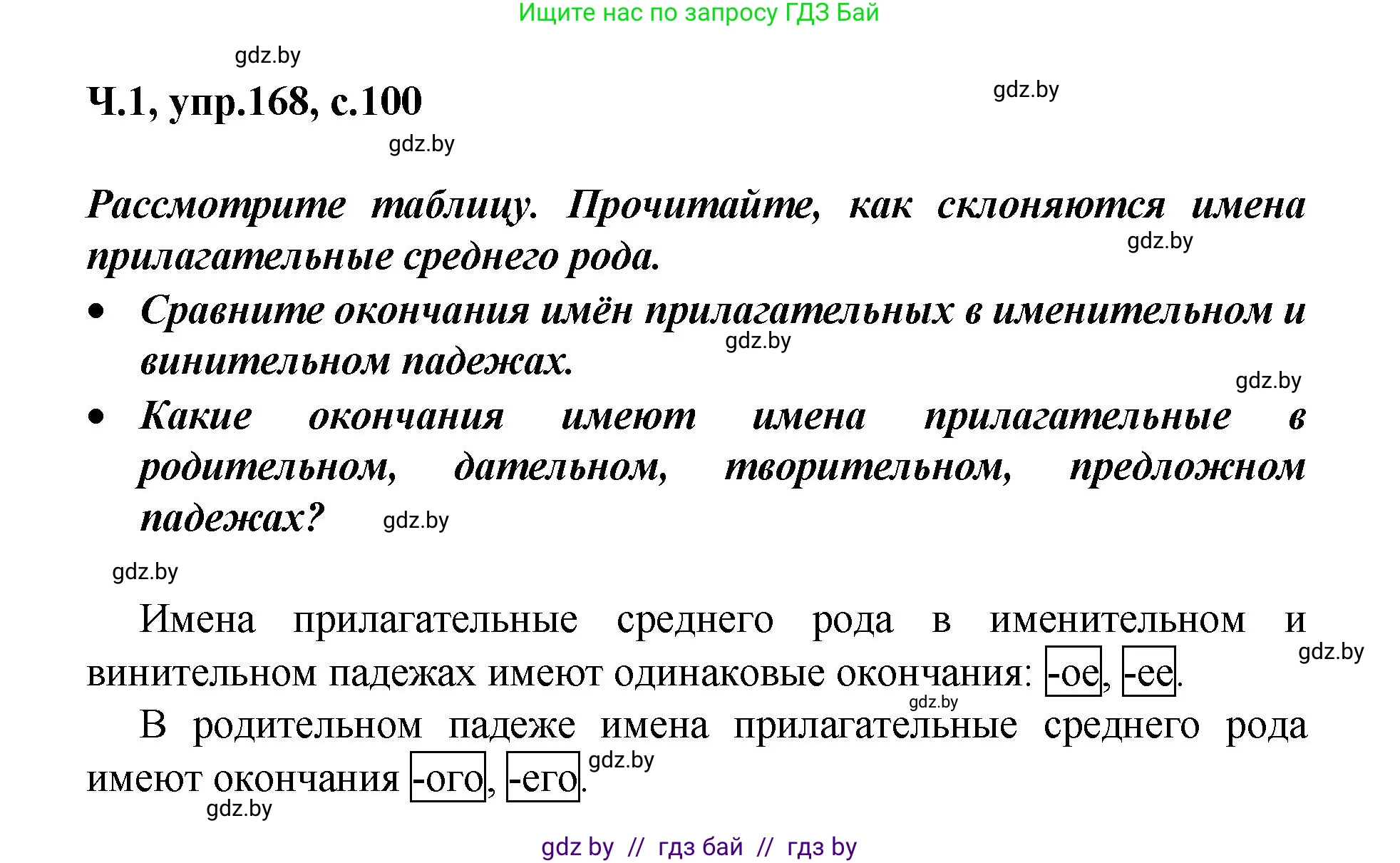 Русский язык, 4 класс Учебник, авторы: Антипова Маргарита Борисовна, Верниковская Алла Викторовна, Грабчикова Елена Самарьевна, издательство Академия образования, Минск, 2024, оранжевого цвета, Часть 1, страница 100, номер 168, Решение