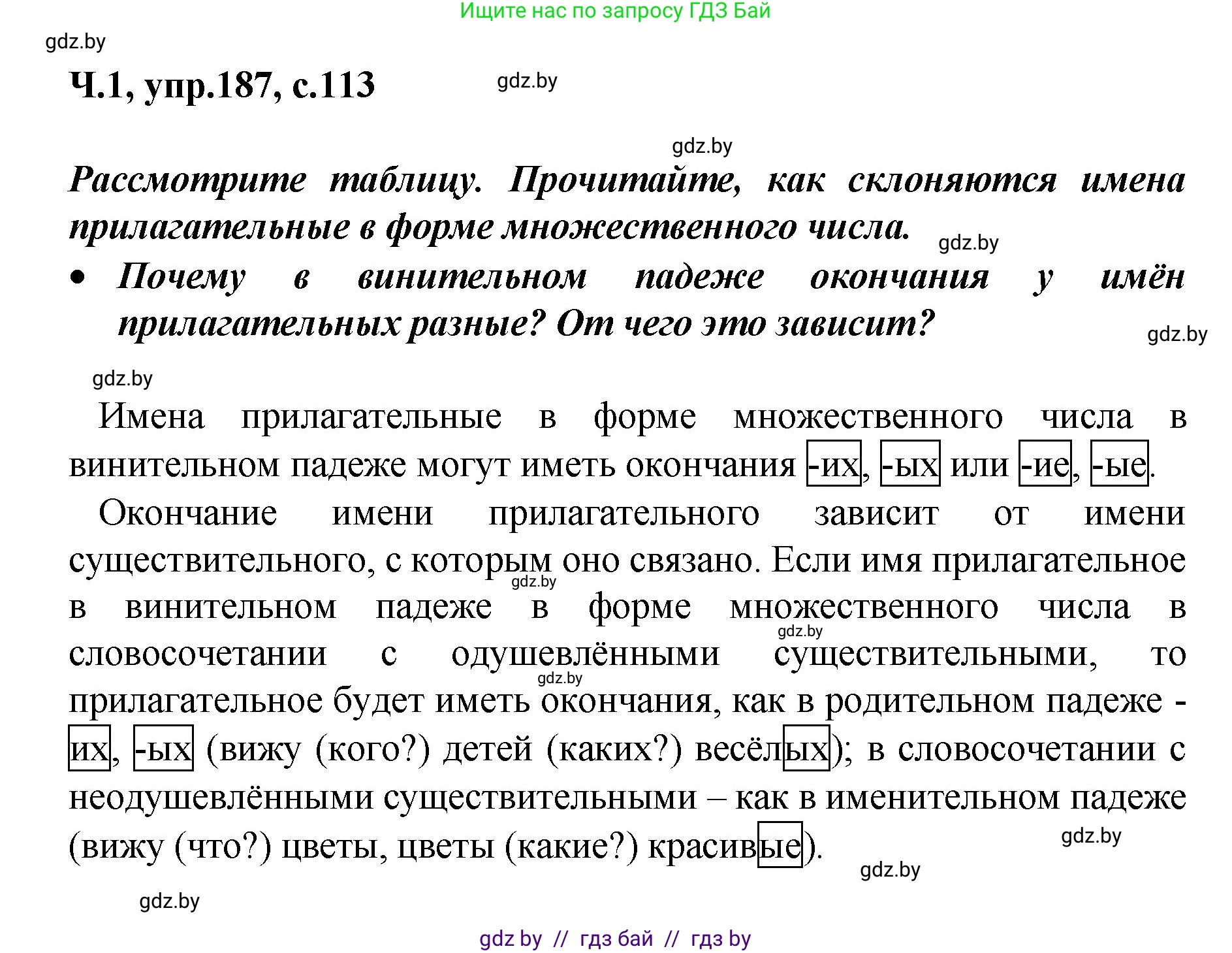 Русский язык, 4 класс Учебник, авторы: Антипова Маргарита Борисовна, Верниковская Алла Викторовна, Грабчикова Елена Самарьевна, издательство Академия образования, Минск, 2024, оранжевого цвета, Часть 1, страница 113, номер 187, Решение