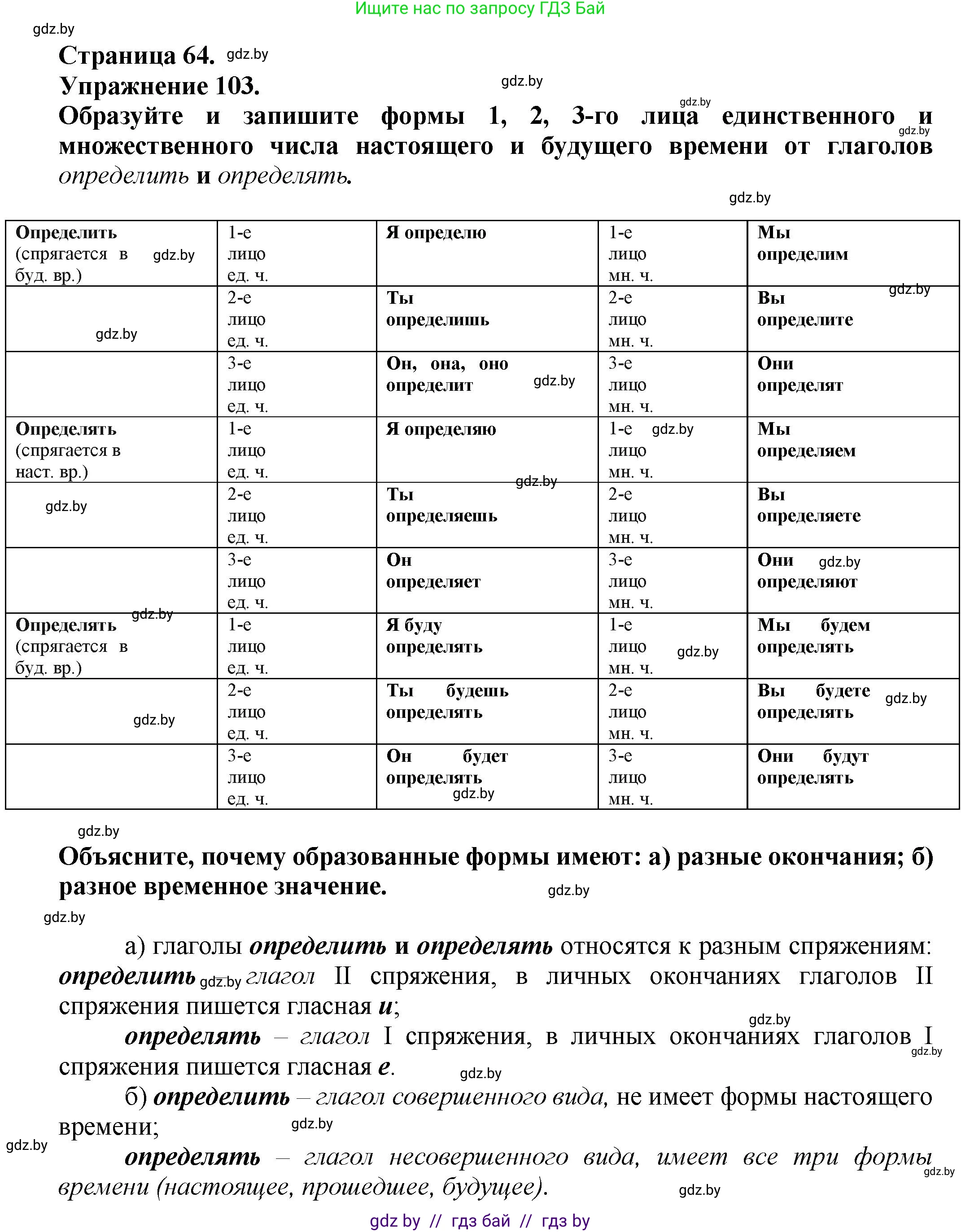 Русский язык, 7 класс Учебник, авторы: Волынец Татьяна Николаевна, Литвинко Франя Михайловна, Долбик Елена Евгеньевна, Таяновская Ирина Владимировна, Винник И Р, издательство Академия образования, Минск, 2026, голубого цвета, страница 64, номер 103, Решение