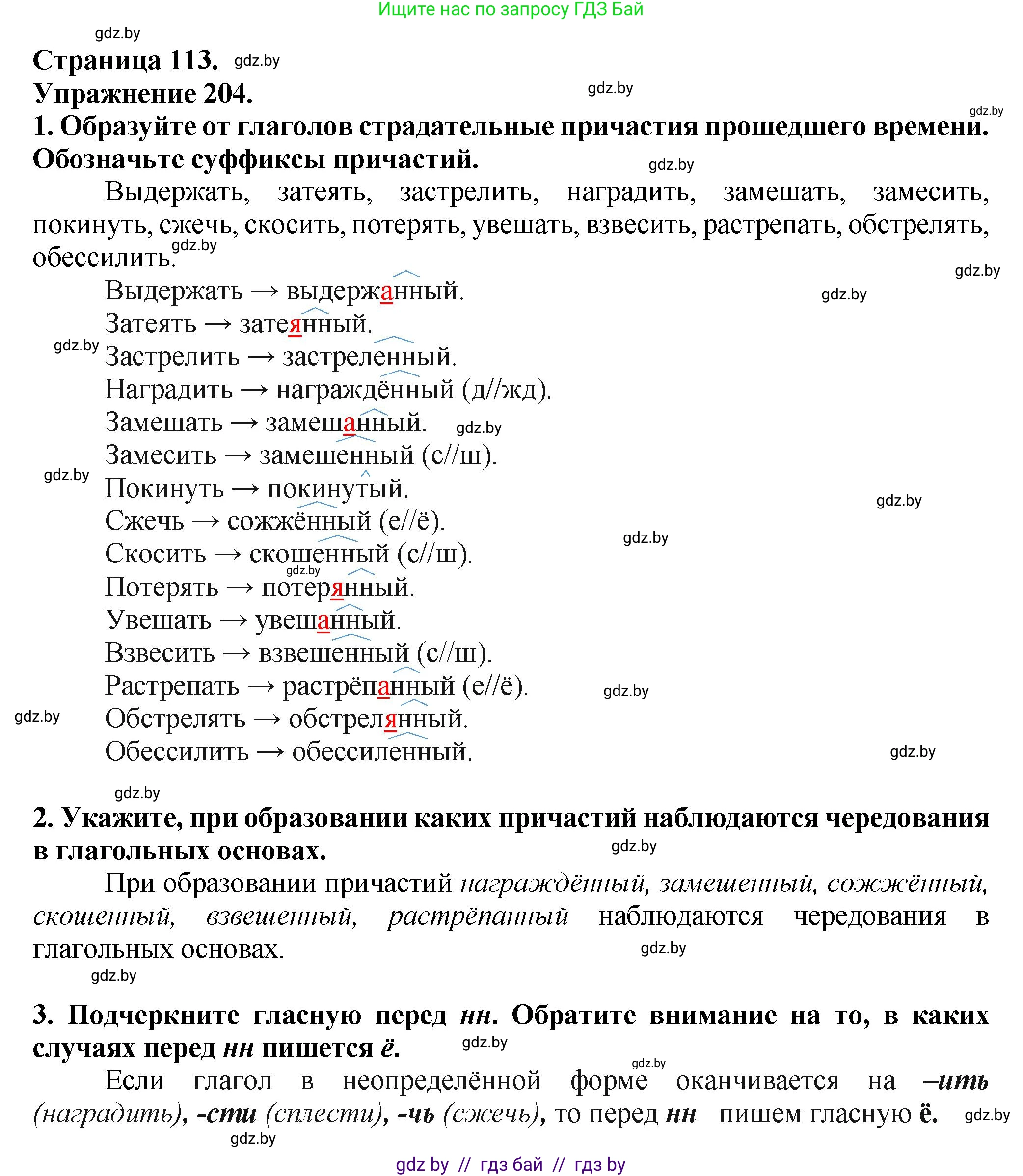 Русский язык, 7 класс Учебник, авторы: Волынец Татьяна Николаевна, Литвинко Франя Михайловна, Долбик Елена Евгеньевна, Таяновская Ирина Владимировна, Винник И Р, издательство Академия образования, Минск, 2026, голубого цвета, страница 113, номер 204, Решение