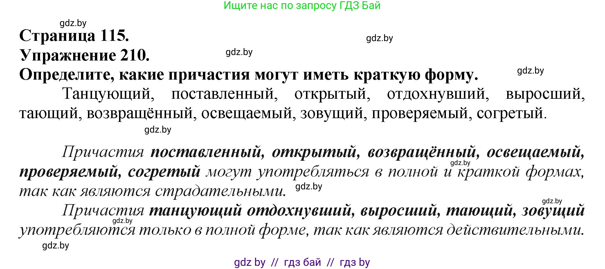 Русский язык, 7 класс Учебник, авторы: Волынец Татьяна Николаевна, Литвинко Франя Михайловна, Долбик Елена Евгеньевна, Таяновская Ирина Владимировна, Винник И Р, издательство Академия образования, Минск, 2026, голубого цвета, страница 115, номер 210, Решение