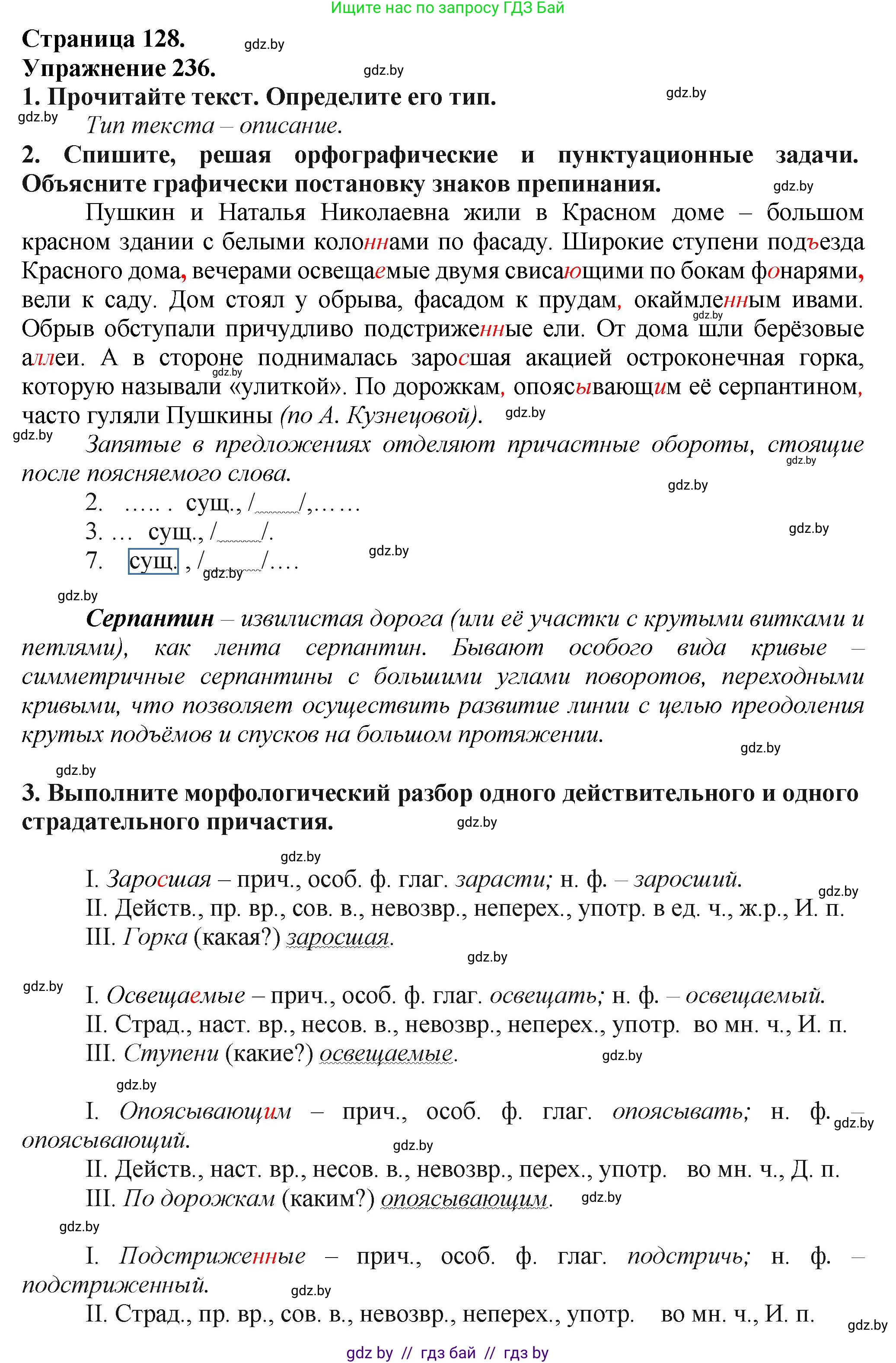 Русский язык, 7 класс Учебник, авторы: Волынец Татьяна Николаевна, Литвинко Франя Михайловна, Долбик Елена Евгеньевна, Таяновская Ирина Владимировна, Винник И Р, издательство Академия образования, Минск, 2026, голубого цвета, страница 128, номер 236, Решение