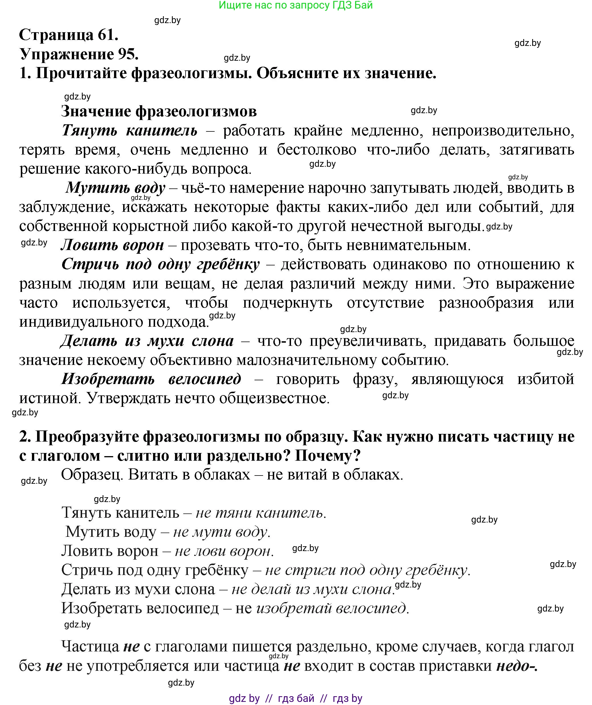 Русский язык, 7 класс Учебник, авторы: Волынец Татьяна Николаевна, Литвинко Франя Михайловна, Долбик Елена Евгеньевна, Таяновская Ирина Владимировна, Винник И Р, издательство Академия образования, Минск, 2026, голубого цвета, страница 61, номер 95, Решение
