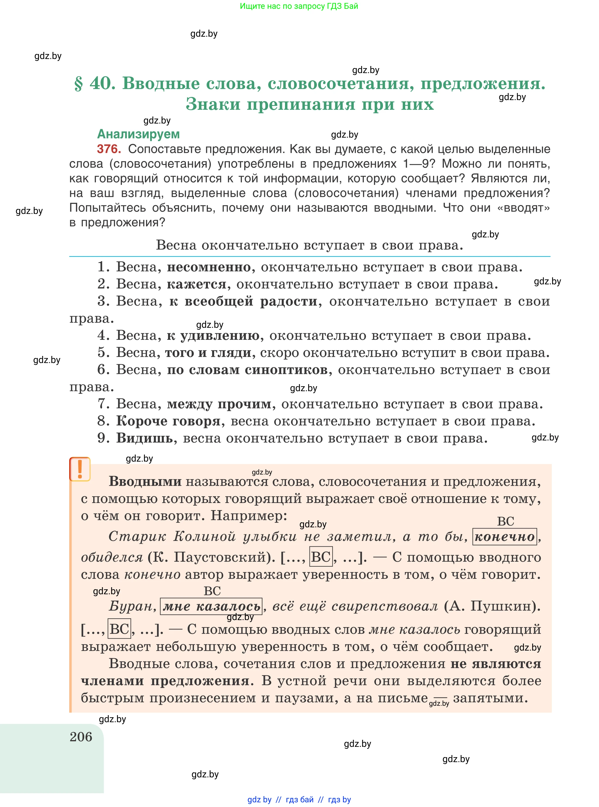 Русский язык, 8 класс Учебник, авторы: Мурина Лариса Александровна, Долбик Елена Евгеньевна, Леонович Валентина Леонидовна, Жадейко Жанна Фёдоровна, издательство Академия образования, Минск, 2024, страница 206