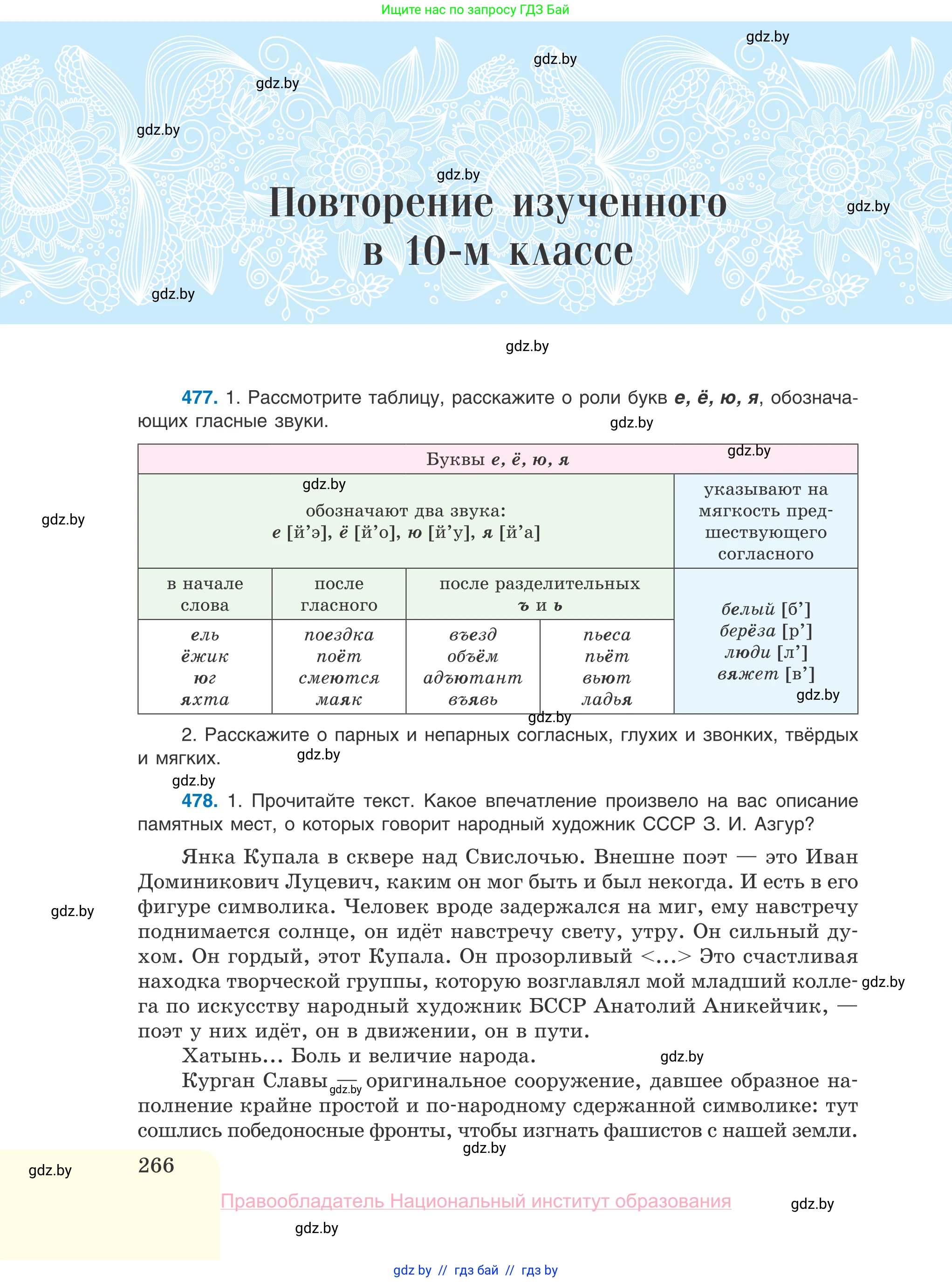 Русский язык, 10 класс Учебник, авторы: Леонович Валентина Леонидовна, Саникович Валентина Александровна, Литвинко Франя Михайловна, Волынец Татьяна Николаевна, Долбик Елена Евгеньевна, Малецкая М И, Мурина Лариса Александровна, Таяновская И В, издательство Национальный институт образования, Минск, 2020, страница 266