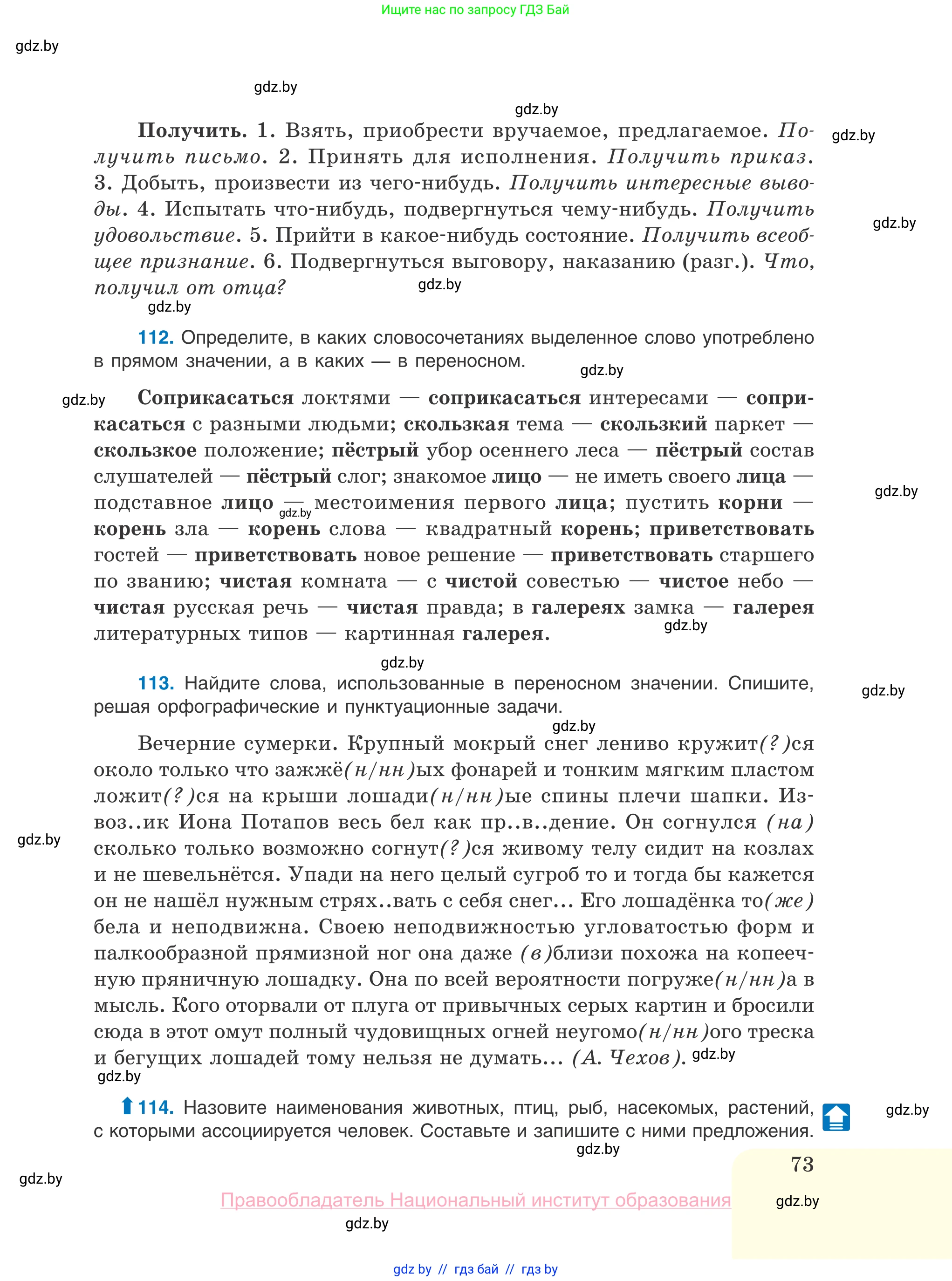 Русский язык, 10 класс Учебник, авторы: Леонович Валентина Леонидовна, Саникович Валентина Александровна, Литвинко Франя Михайловна, Волынец Татьяна Николаевна, Долбик Елена Евгеньевна, Малецкая М И, Мурина Лариса Александровна, Таяновская И В, издательство Национальный институт образования, Минск, 2020, страница 73