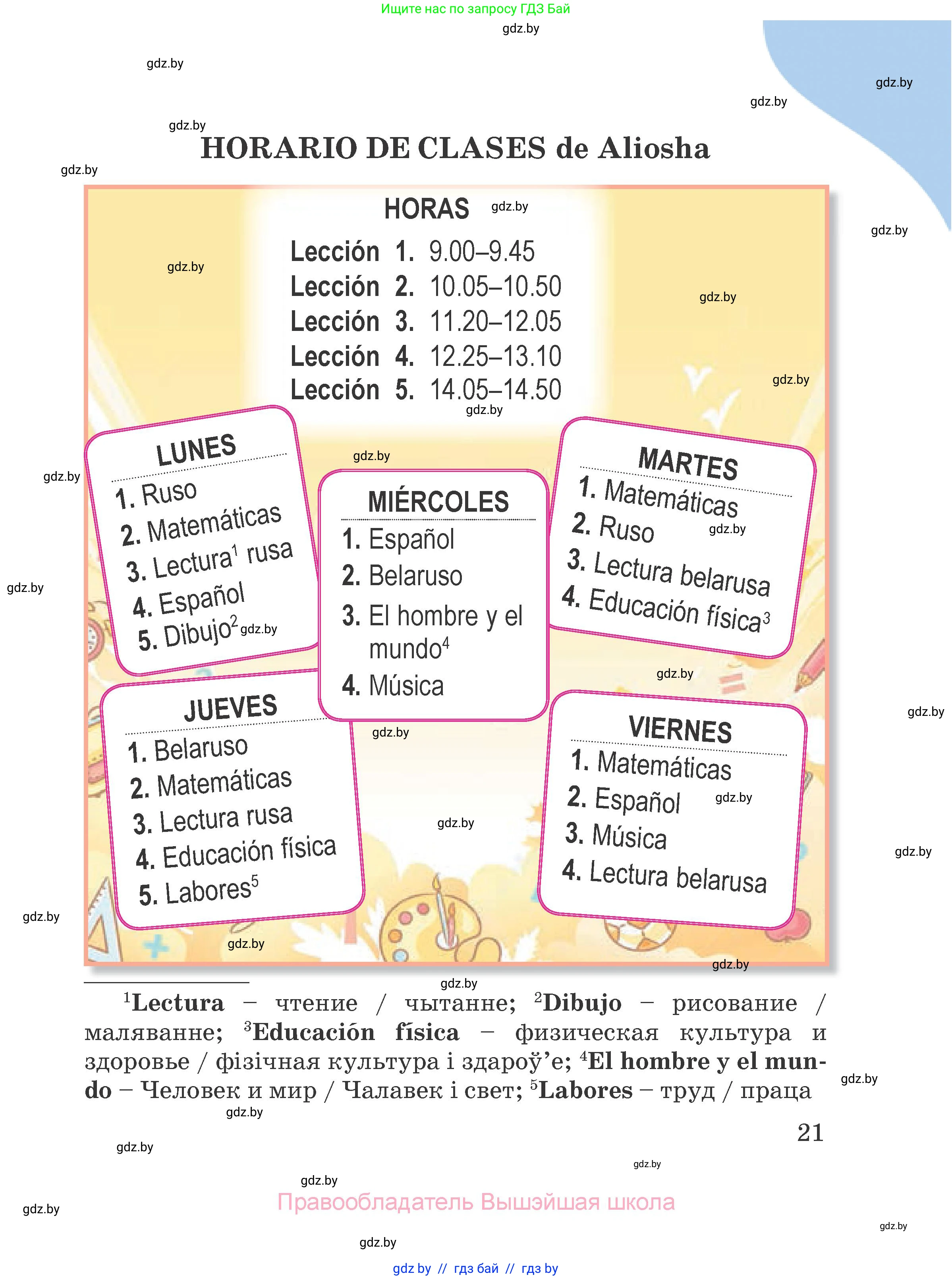 Испанский язык, 4 класс Учебник, авторы: Гриневич Елена Карловна, Бахар Лариса Николаевна, издательство Вышэйшая школа, Минск, 2019, красного цвета, страница 21