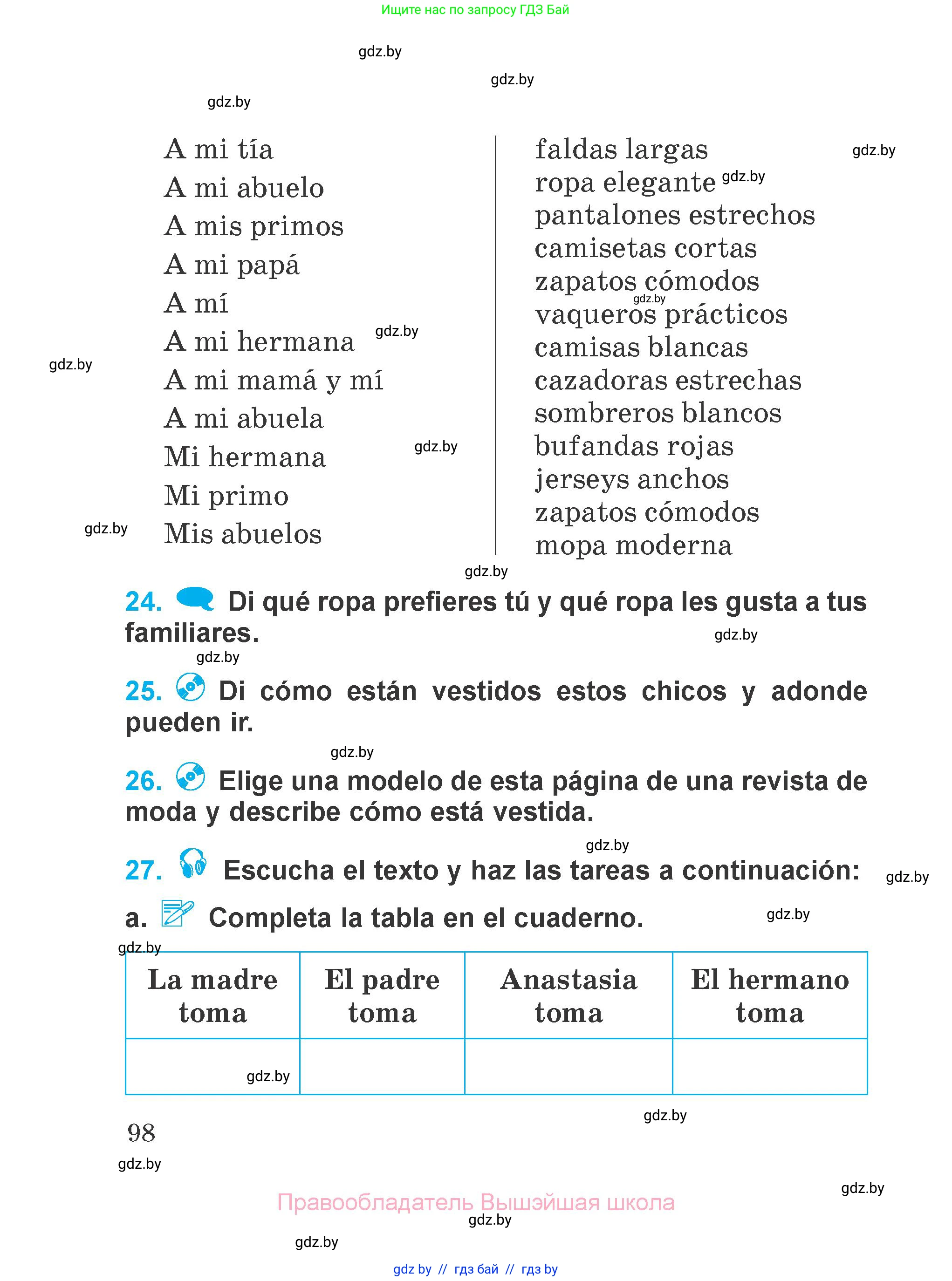 Испанский язык, 4 класс Учебник, авторы: Гриневич Елена Карловна, Бахар Лариса Николаевна, издательство Вышэйшая школа, Минск, 2019, красного цвета, Часть 2, страница 98