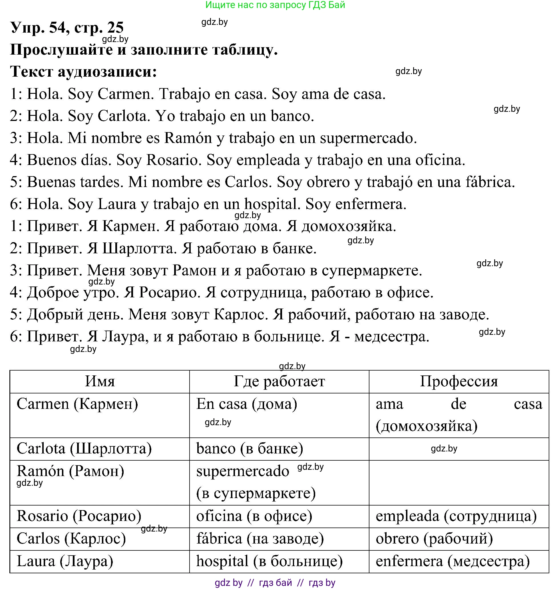 Испанский язык, 4 класс Учебник, авторы: Гриневич Елена Карловна, Бахар Лариса Николаевна, издательство Вышэйшая школа, Минск, 2019, красного цвета, Часть 1, страница 25, номер 54, Решение