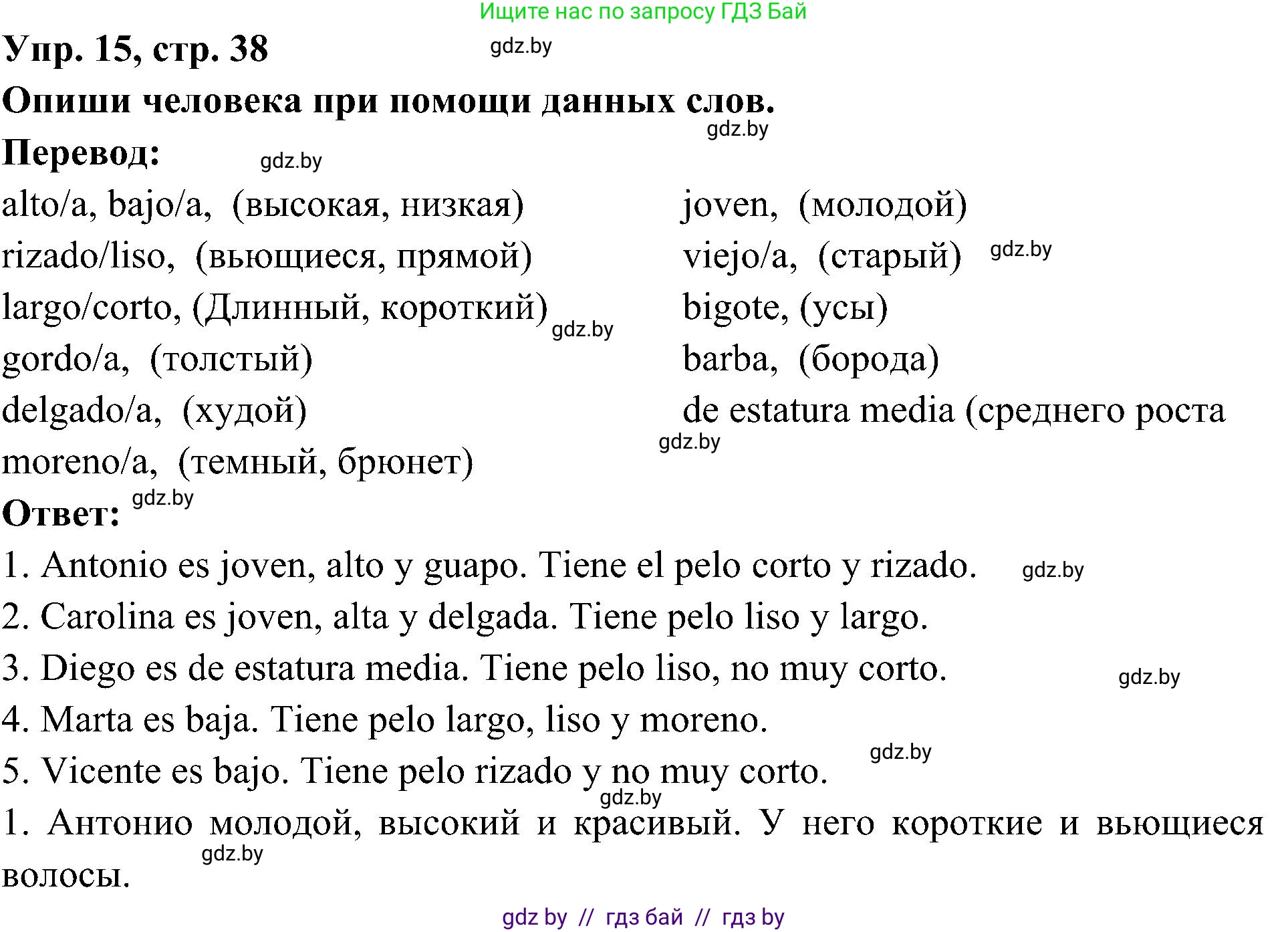 Испанский язык, 4 класс Учебник, авторы: Гриневич Елена Карловна, Бахар Лариса Николаевна, издательство Вышэйшая школа, Минск, 2019, красного цвета, Часть 1, страница 38, номер 15, Решение