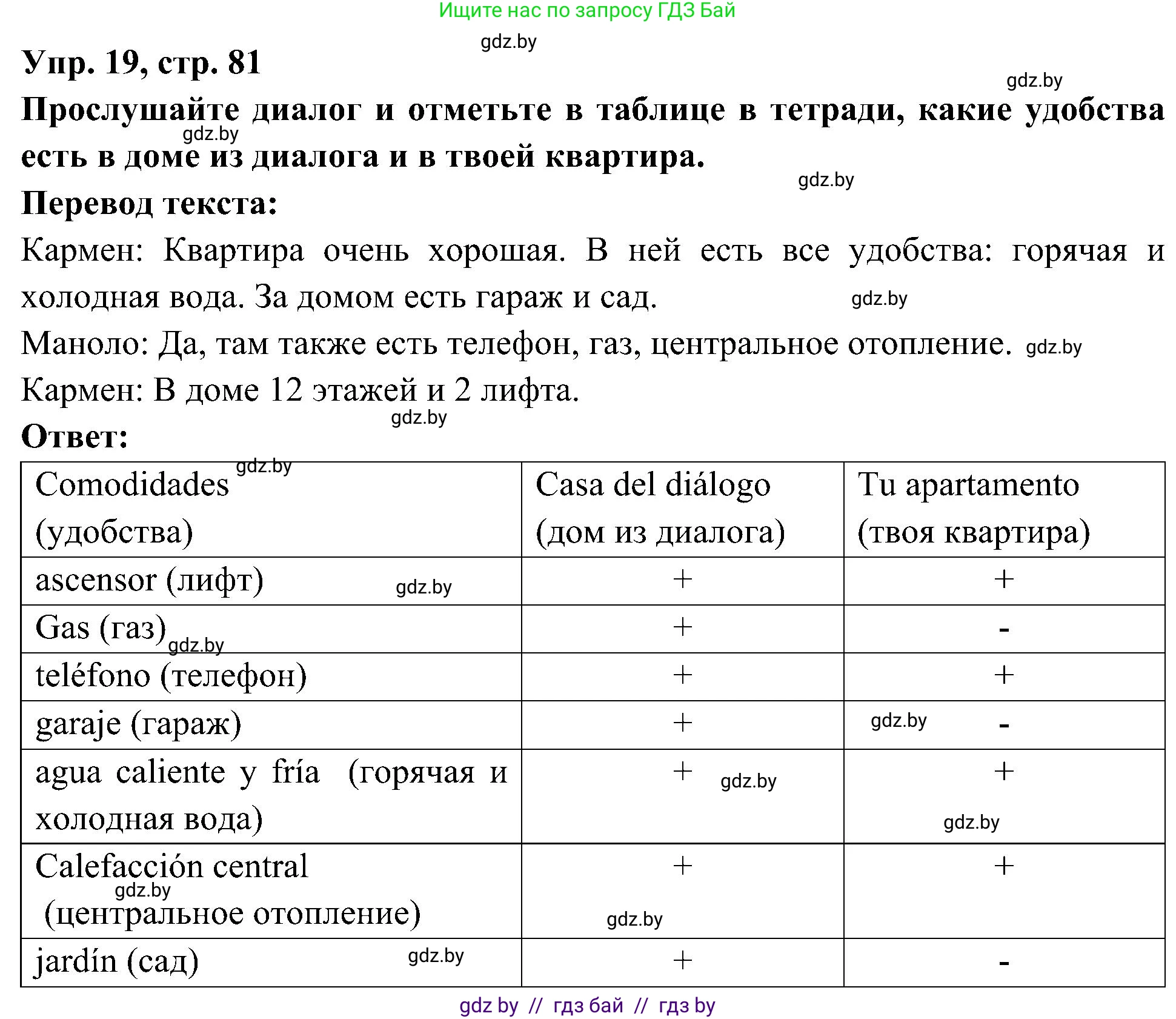 Испанский язык, 4 класс Учебник, авторы: Гриневич Елена Карловна, Бахар Лариса Николаевна, издательство Вышэйшая школа, Минск, 2019, красного цвета, Часть 1, страница 81, номер 19, Решение