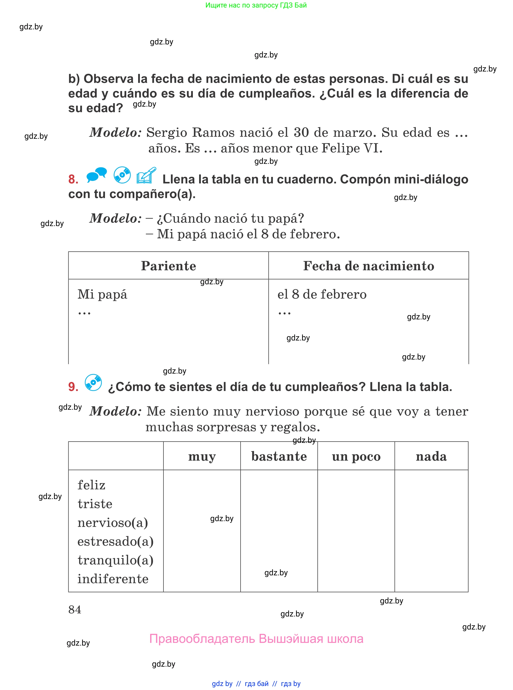 Испанский язык, 5 класс Учебник, авторы: Цыбулева Татьяна Эдуардовна, Пушкина Ольга Александровна, издательство Вышэйшая школа, Минск, 2017, оранжевого цвета, страница 84