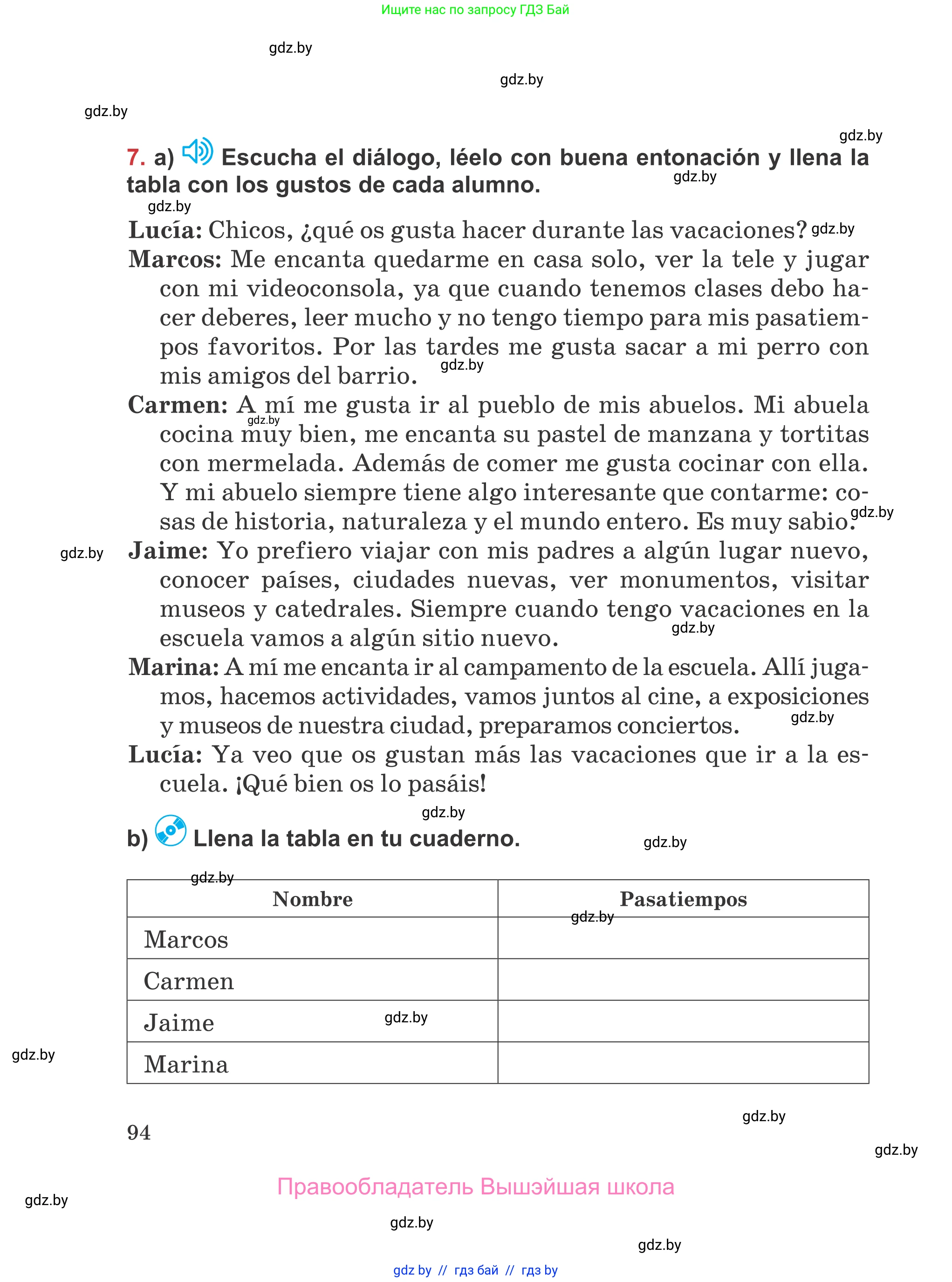 Испанский язык, 5 класс Учебник, авторы: Цыбулева Татьяна Эдуардовна, Пушкина Ольга Александровна, издательство Вышэйшая школа, Минск, 2017, оранжевого цвета, страница 94