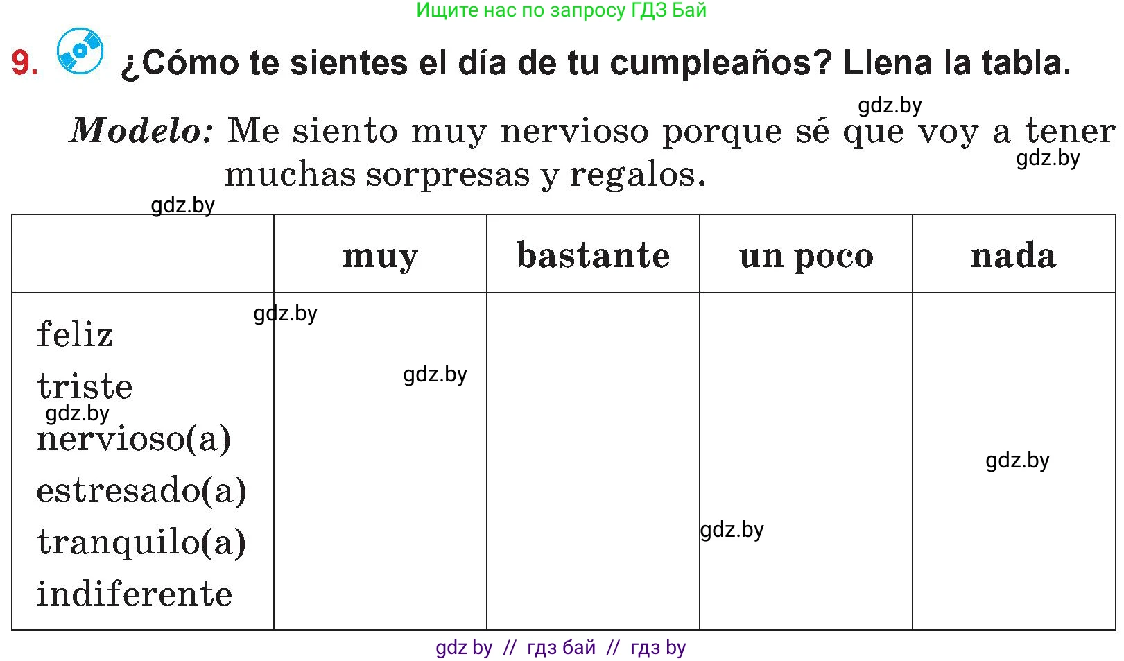 Испанский язык, 5 класс Учебник, авторы: Цыбулева Татьяна Эдуардовна, Пушкина Ольга Александровна, издательство Вышэйшая школа, Минск, 2017, оранжевого цвета, страница 84, номер 9, Условие