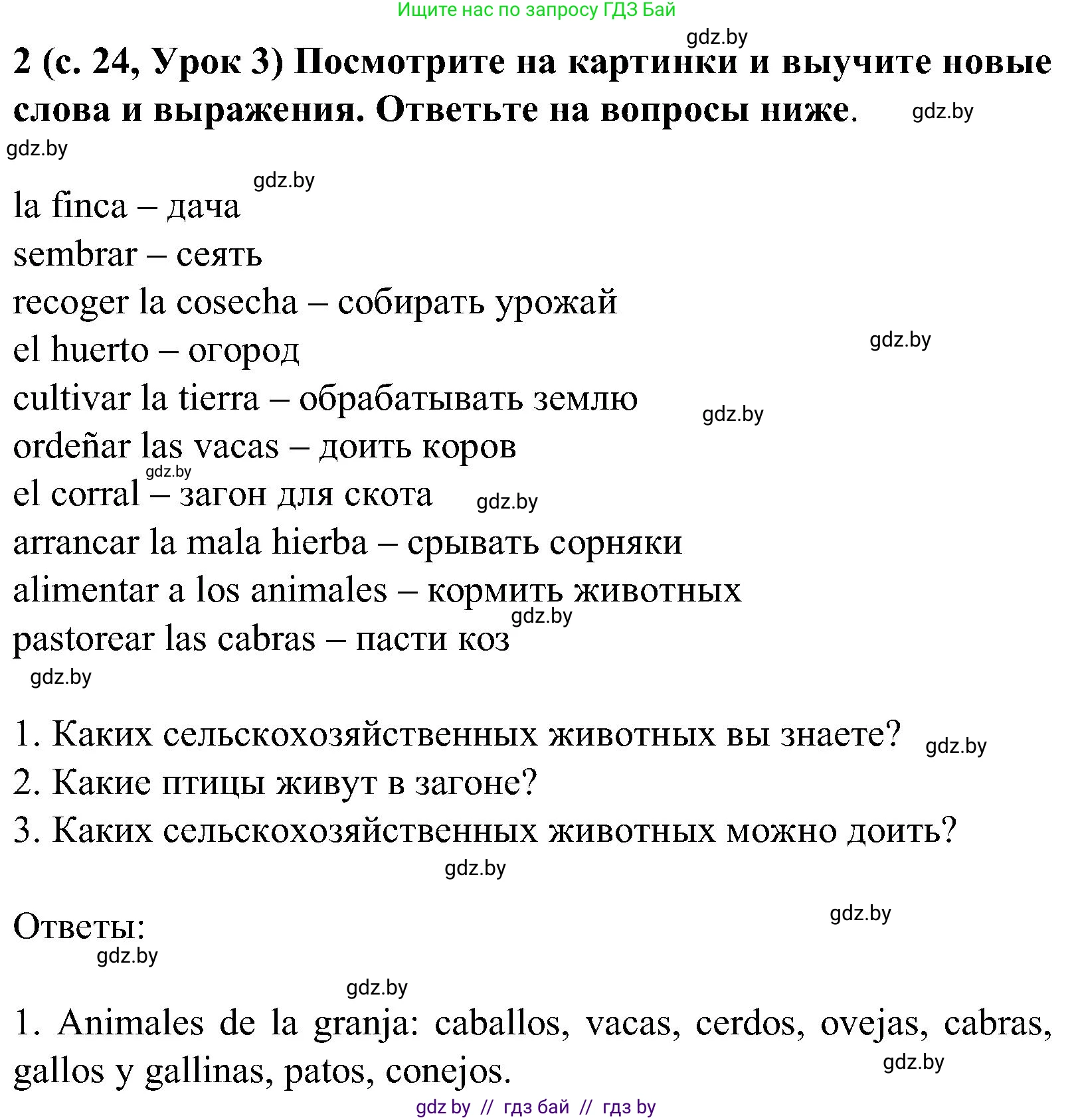 Испанский язык, 5 класс Учебник, авторы: Цыбулева Татьяна Эдуардовна, Пушкина Ольга Александровна, издательство Вышэйшая школа, Минск, 2017, оранжевого цвета, страница 24, номер 2, Решение