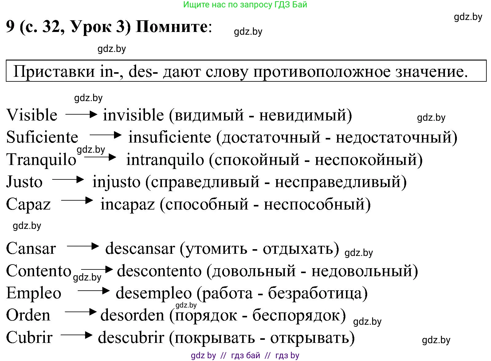 Испанский язык, 5 класс Учебник, авторы: Цыбулева Татьяна Эдуардовна, Пушкина Ольга Александровна, издательство Вышэйшая школа, Минск, 2017, оранжевого цвета, страница 32, номер 9, Решение