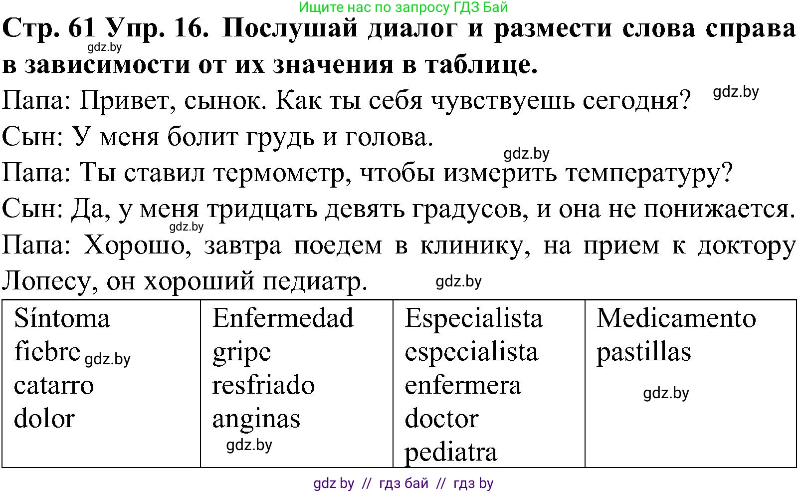 Испанский язык, 5 класс Учебник, автор: Гриневич Елена Карловна, издательство Вышэйшая школа, Минск, 2015, оранжевого цвета, Часть 2, страница 61, номер 16, Решение