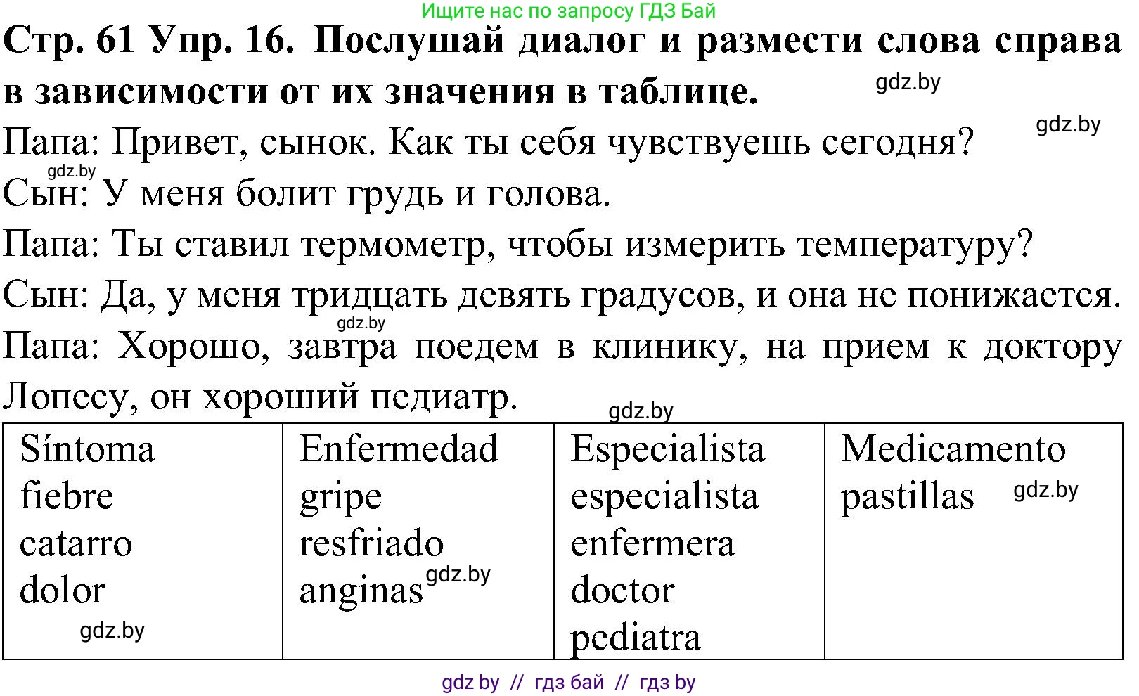 Испанский язык, 5 класс Учебник, автор: Гриневич Елена Карловна, издательство Вышэйшая школа, Минск, 2015, оранжевого цвета, Часть 2, страница 61, номер 16, Решение